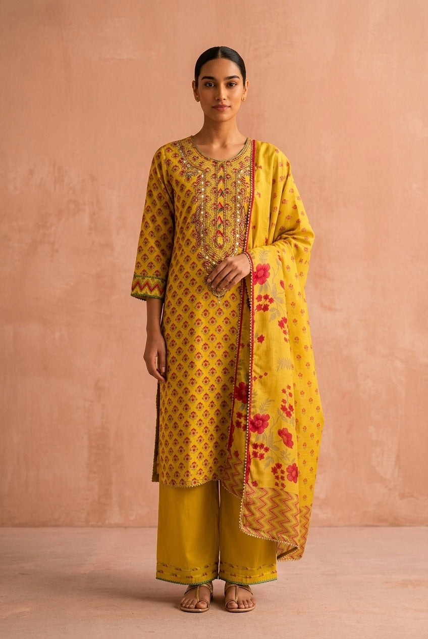 Sunshine Yellow Floral Chanderi Silk Suit Set | HER-636