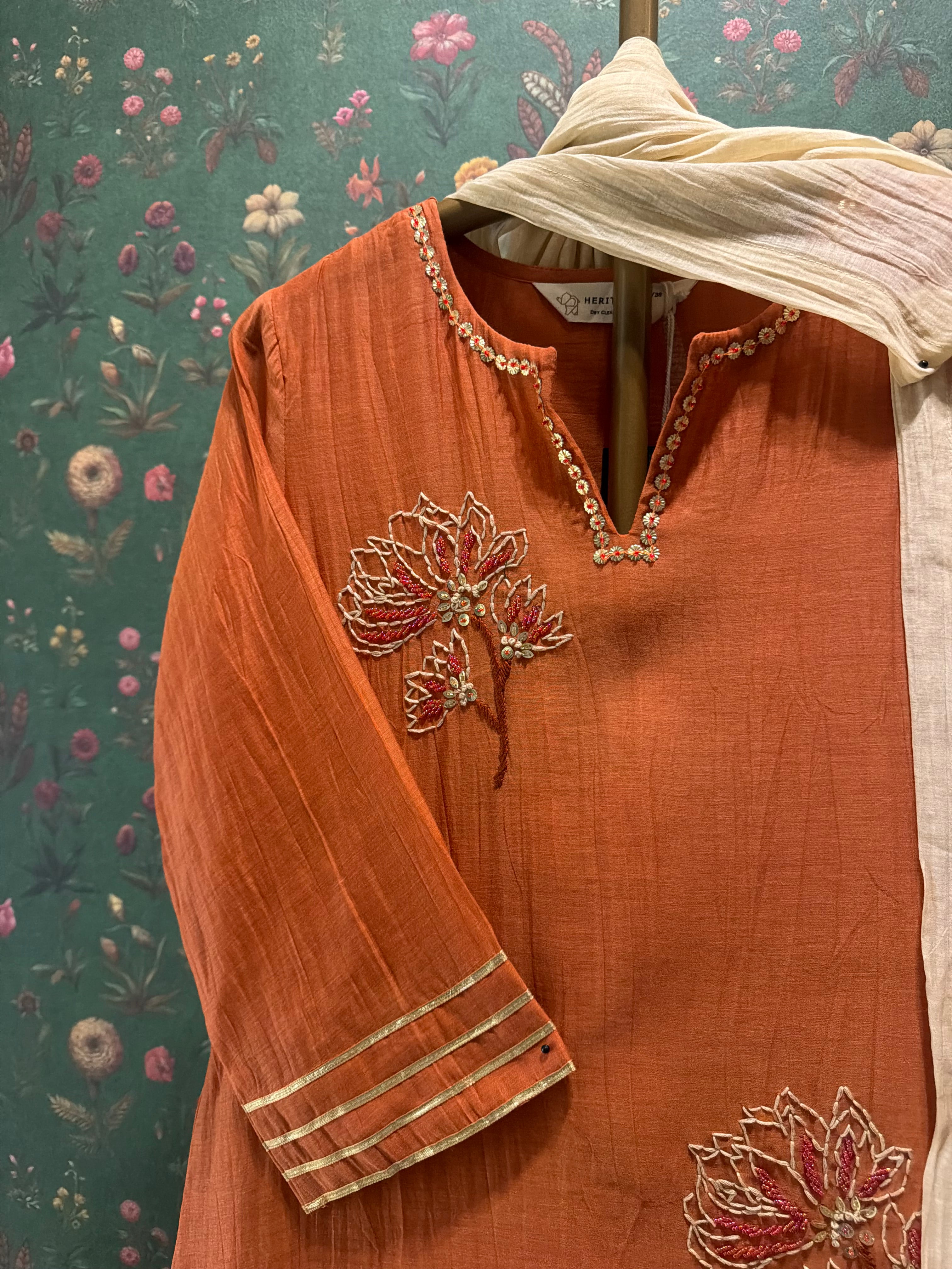 Rust Orange Embroidered A-Line Mul Chanderi Suit Set x Gargi Shah | HER-624