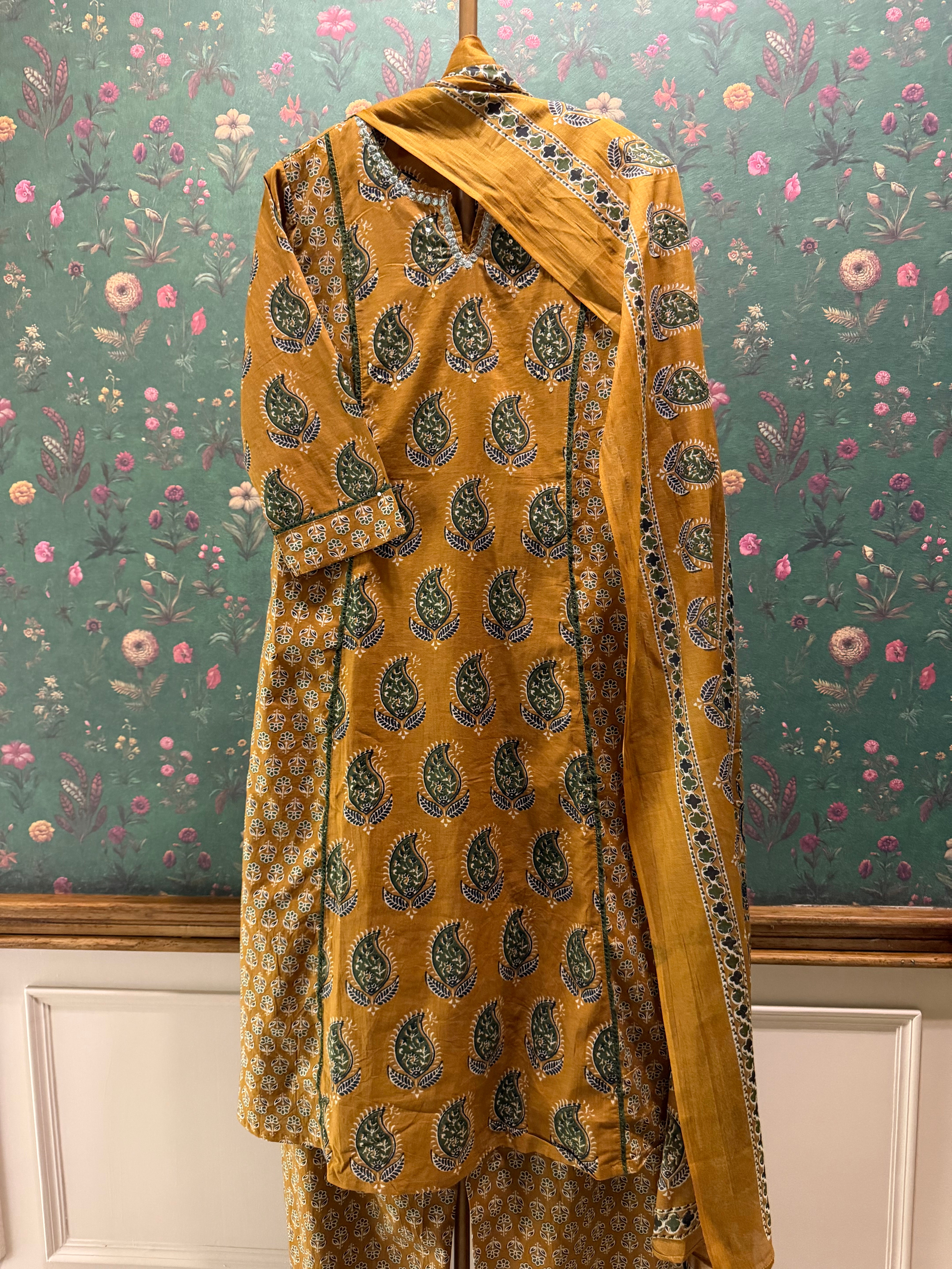 Mustard Yellow Printed A-Line Cotton Suit Set | HER-720