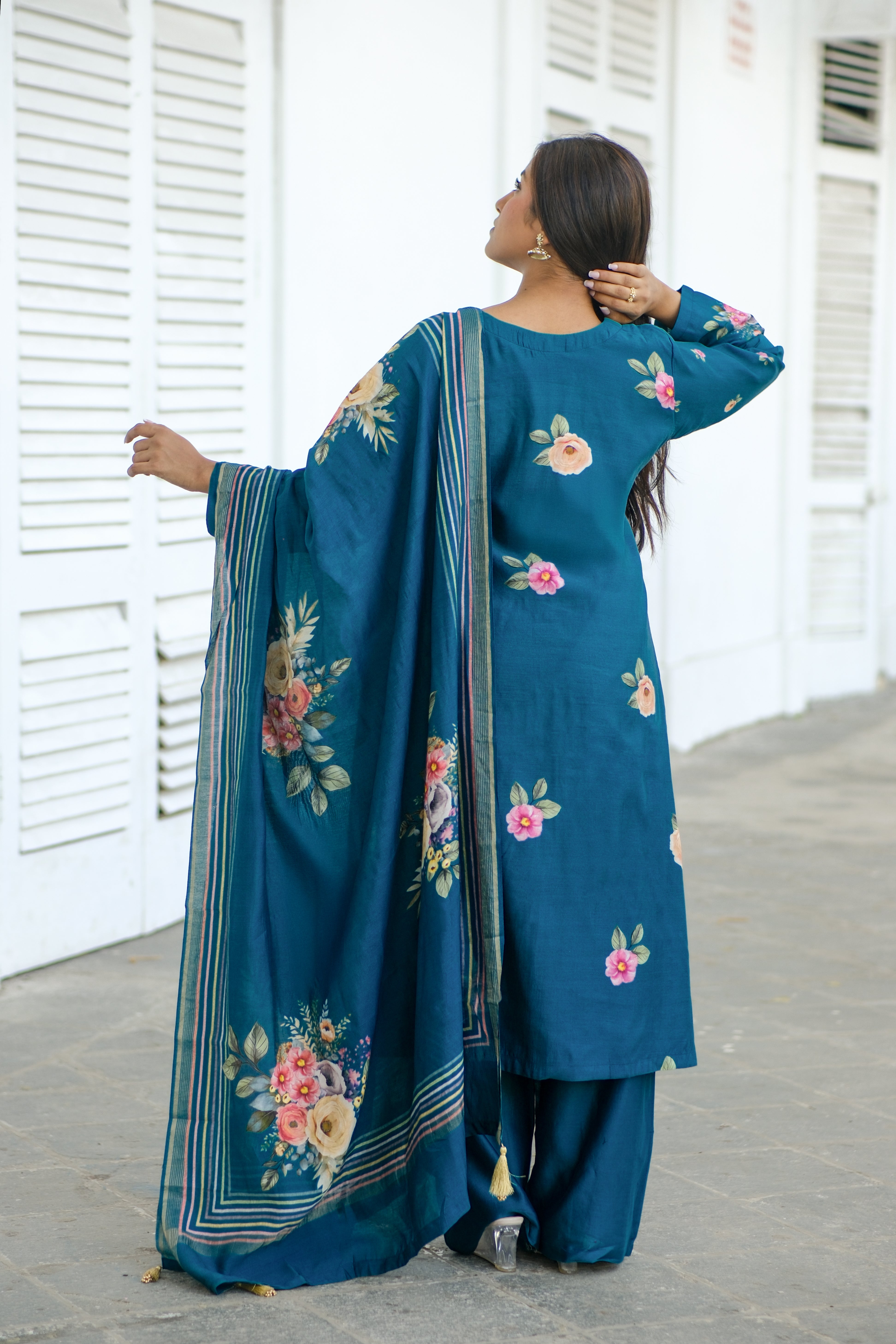 Emerald Teal Blue Floral Chanderi Suit Set x Celina | HER-606