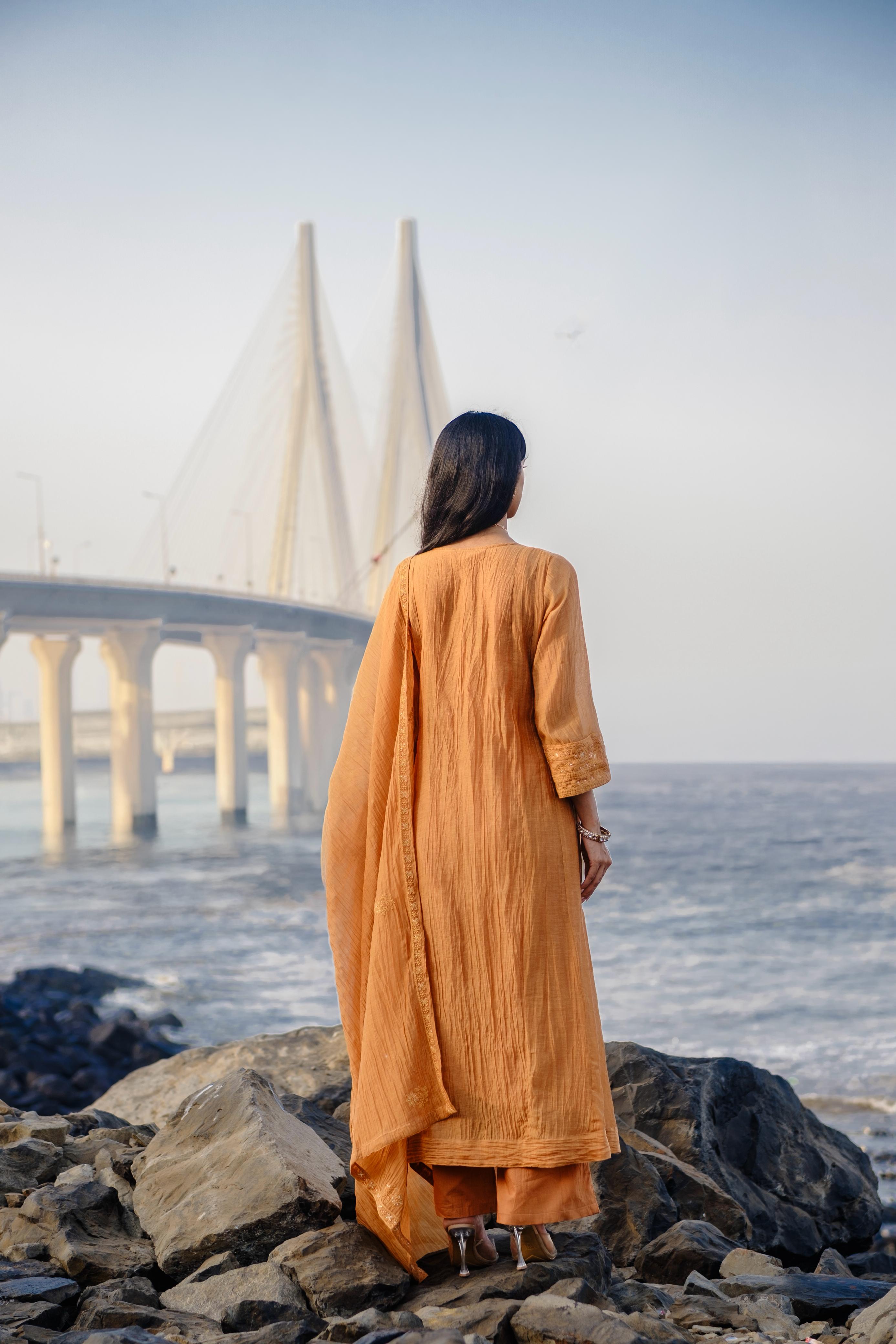 Ochre Yellow Chikankari A-Line Mul Chanderi Suit Set | HER-626
