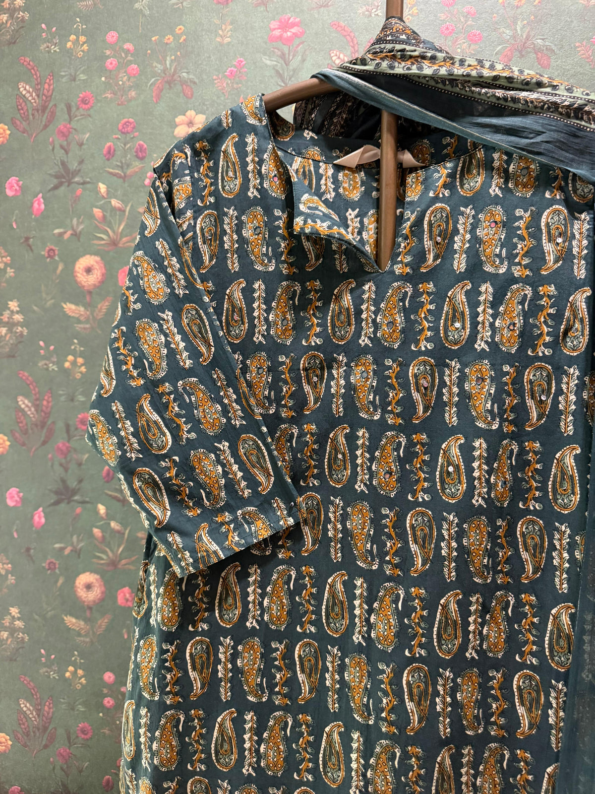 Teal Paisley Printed Cotton Suit Set | HER-734