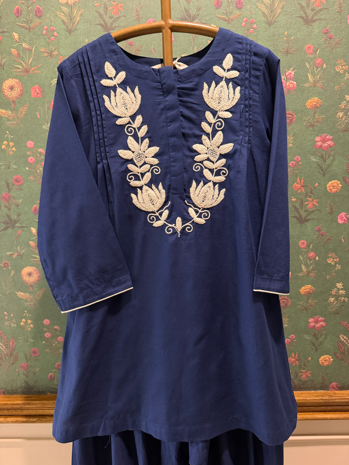 Navy Blue Lotus Embroidered Kurta Set