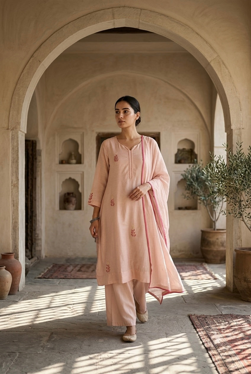 Blush Peach Pearl Embroidered Mul Chanderi A-Line Suit Set