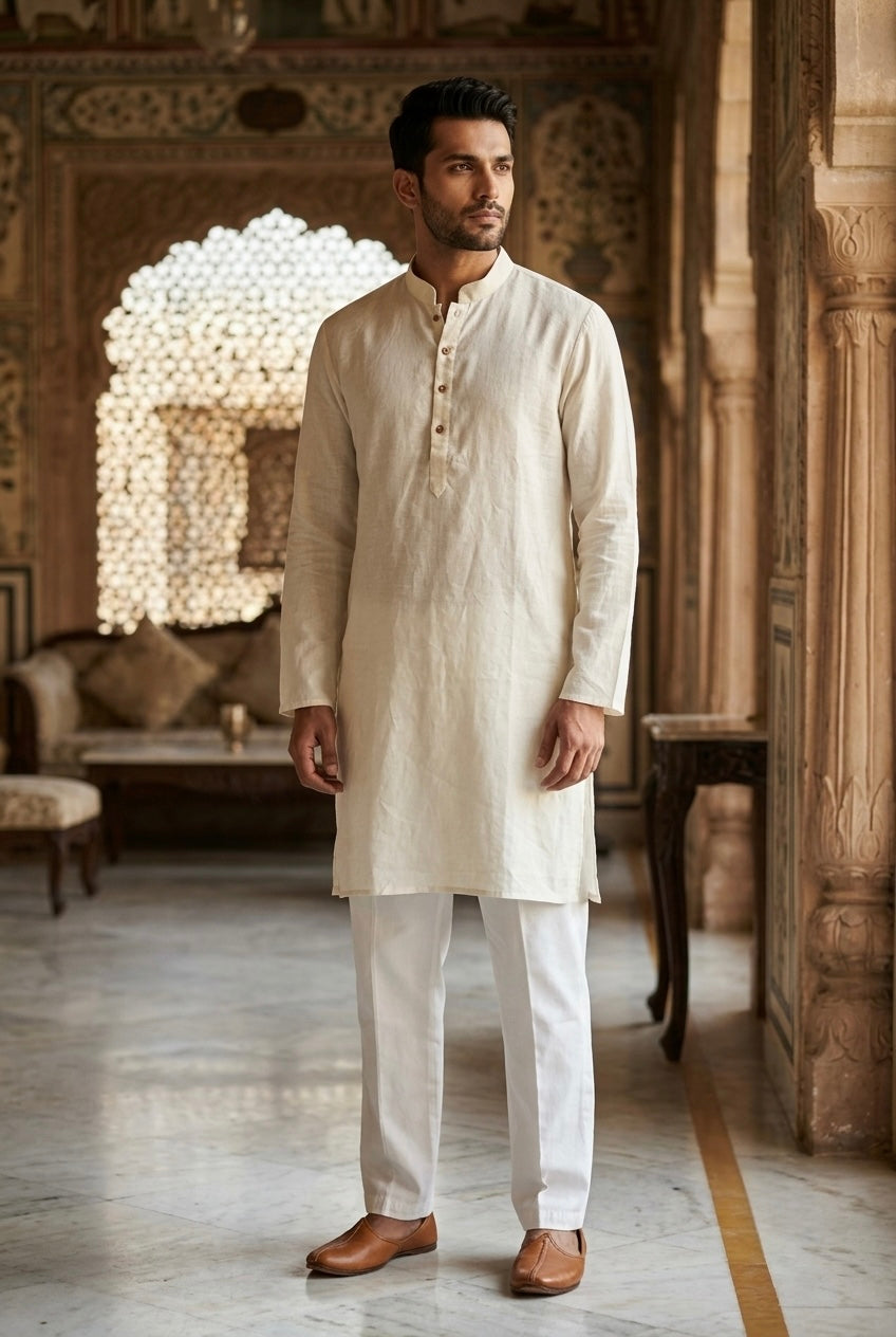 Men’s Pure Linen Kurta Pajama Set – Warm Ivory