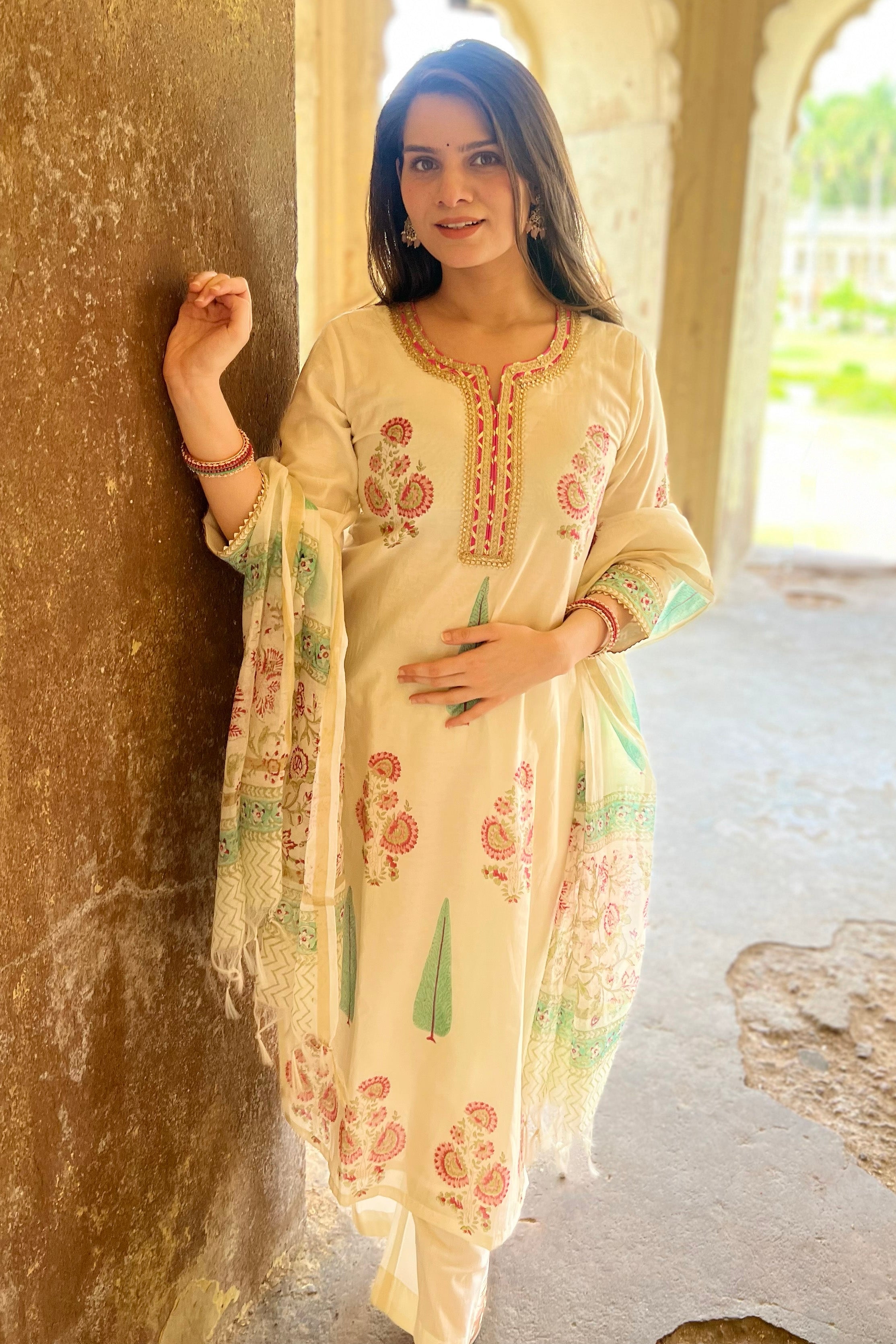Ivory White Floral Printed Chanderi Suit Set | HER-757