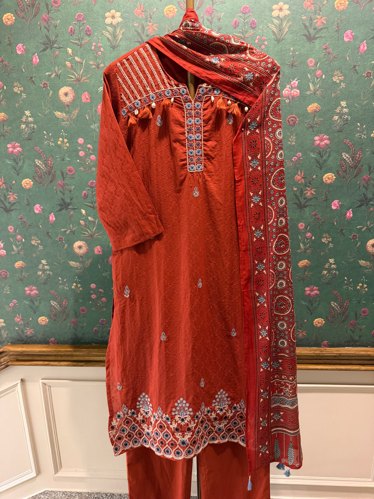 Rust Orange Embroidered Pure Cotton Suit Set