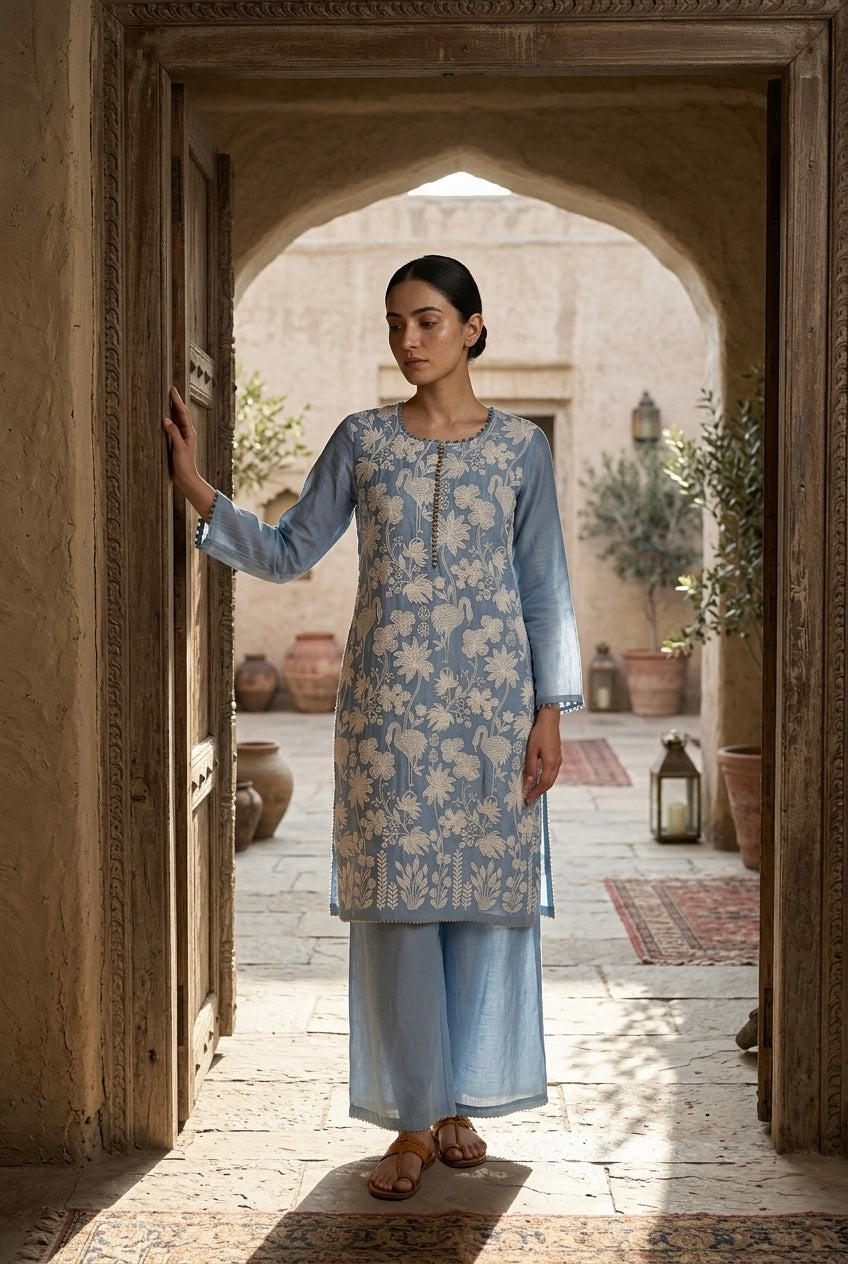 Powder Blue Floral Crane Embroidered Suit Set