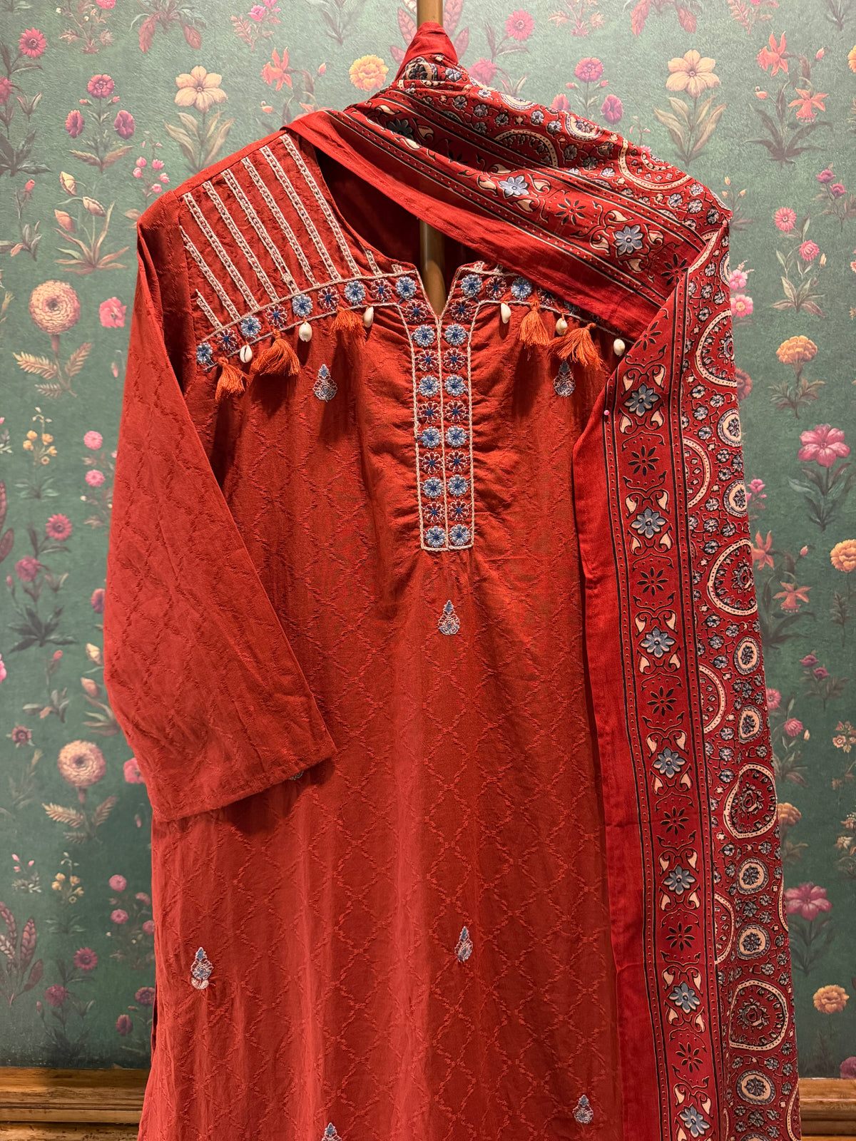 Rust Orange Embroidered Pure Cotton Suit Set