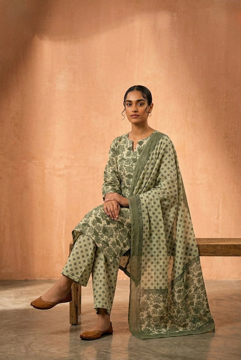 Sage Green Floral Printed Cotton Suit Set | HER-727