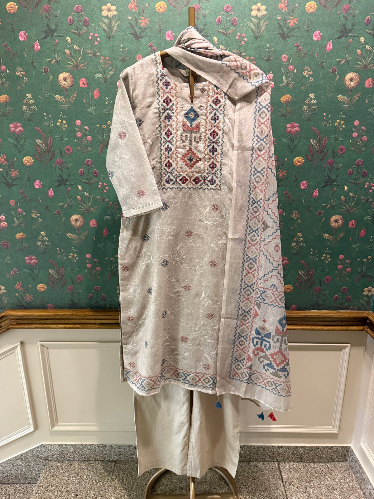Warm Ivory Linen Embroidered Suit Set