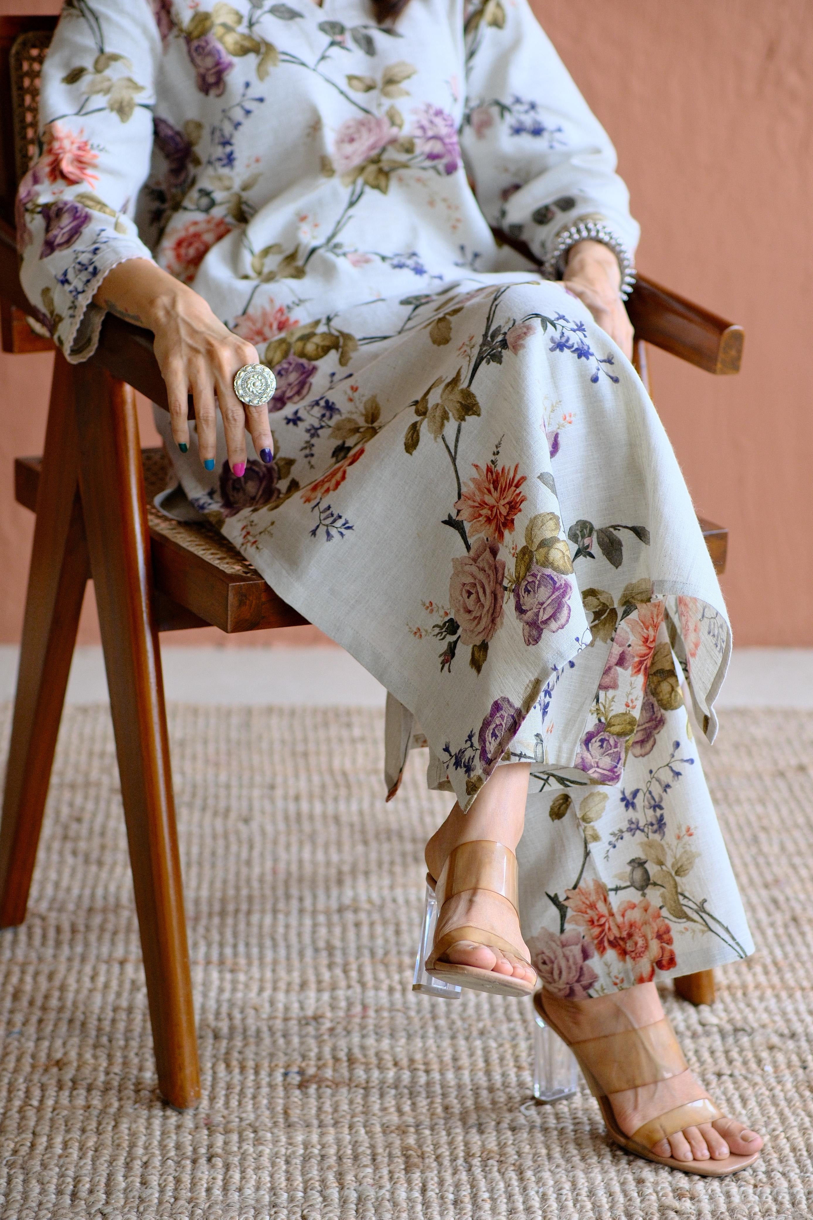 Rosalie Bloom Pure Linen Co-ord/Kurta Set | HER-465