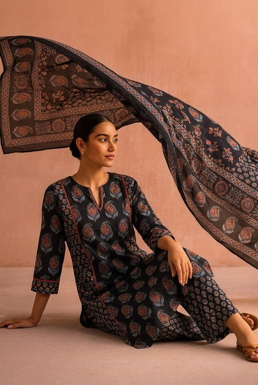 Black Ajrakh Printed Cotton A-Line Suit Set | HER-720