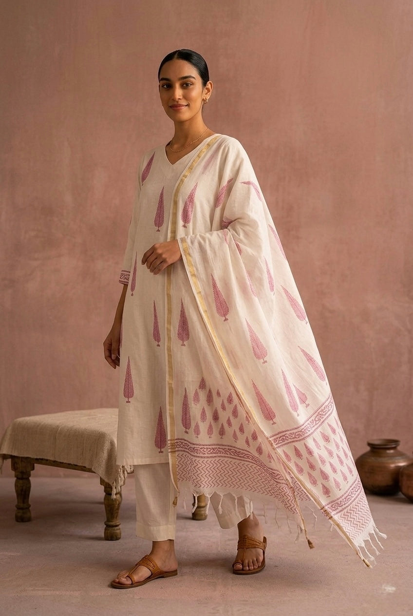 Ivory White & Rose Pink Printed Chanderi Suit Set | HER-760