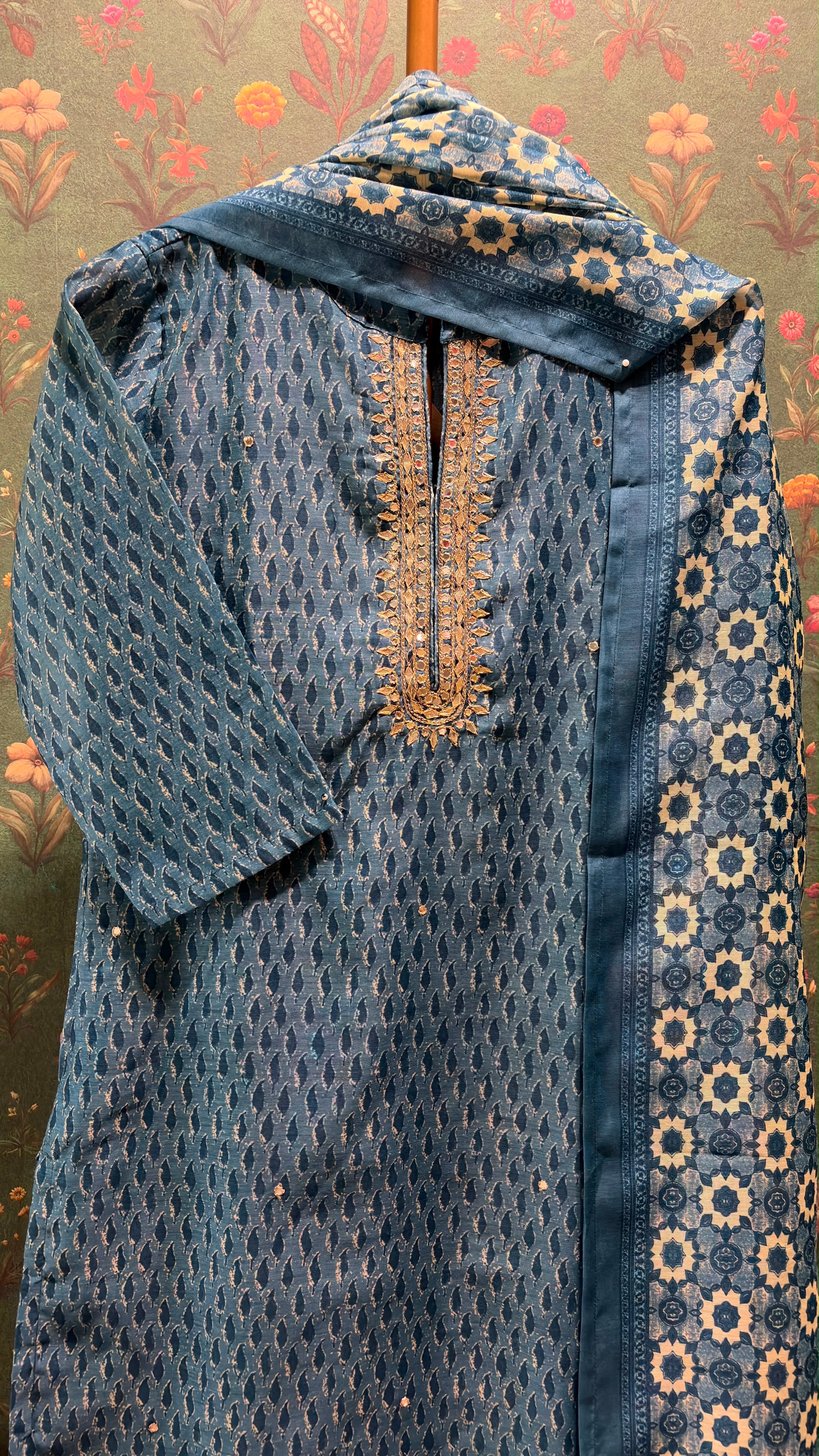 Teal Blue Printed Chanderi Suit Set with Zari | HER-397