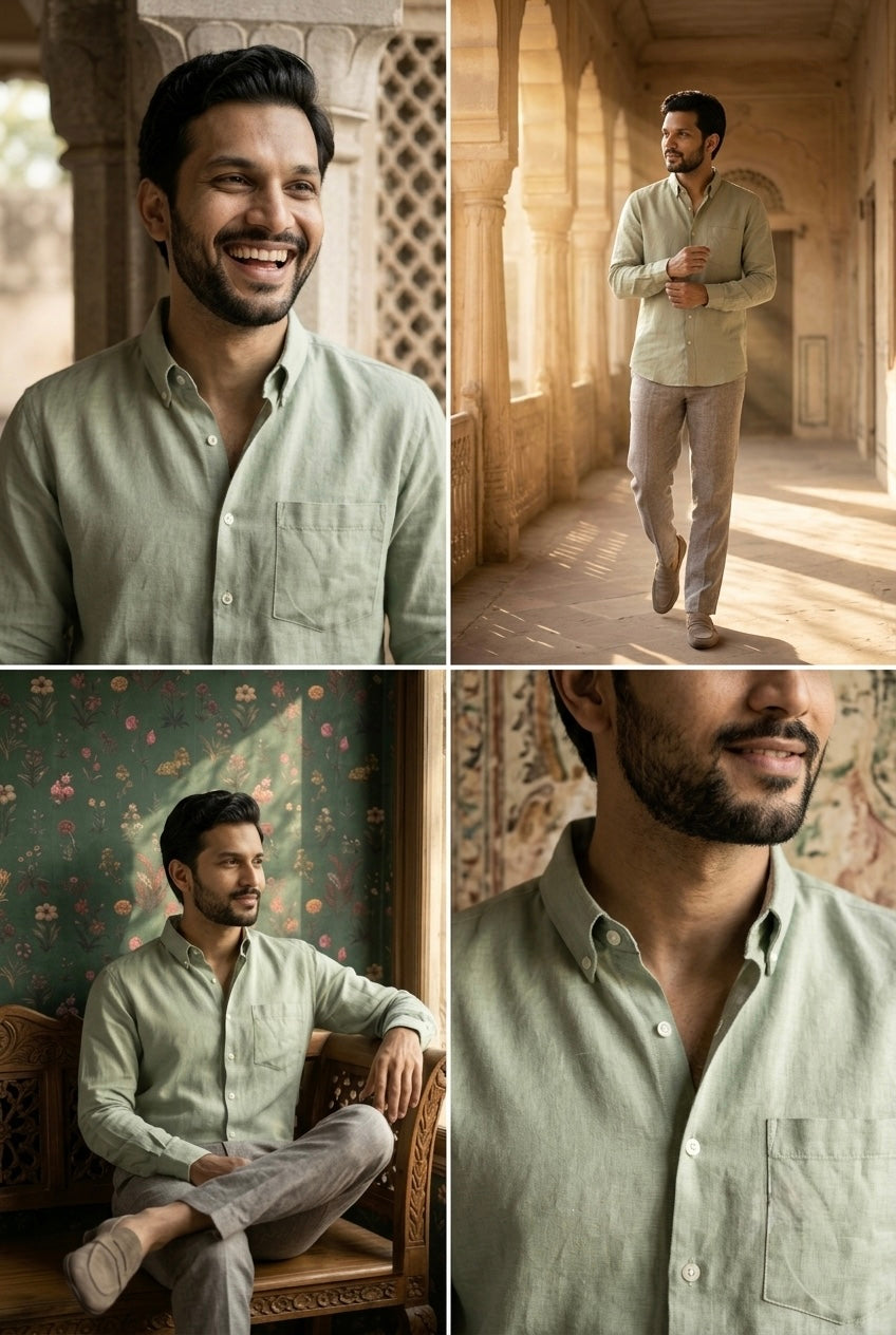 Men’s Sage Green Pure Linen Full Sleeves Shirt