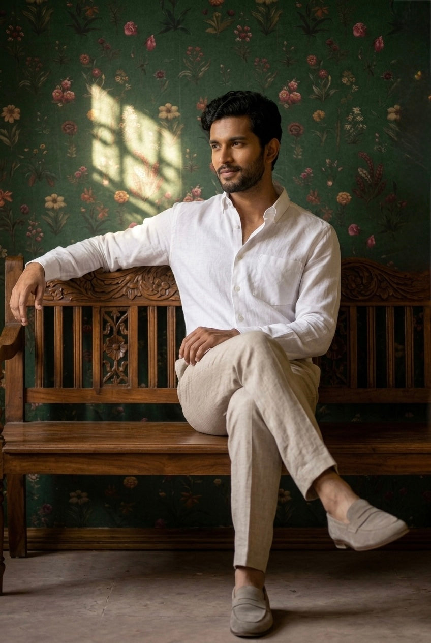 Men’s Ivory White Pure Linen Full Sleeves Shirt