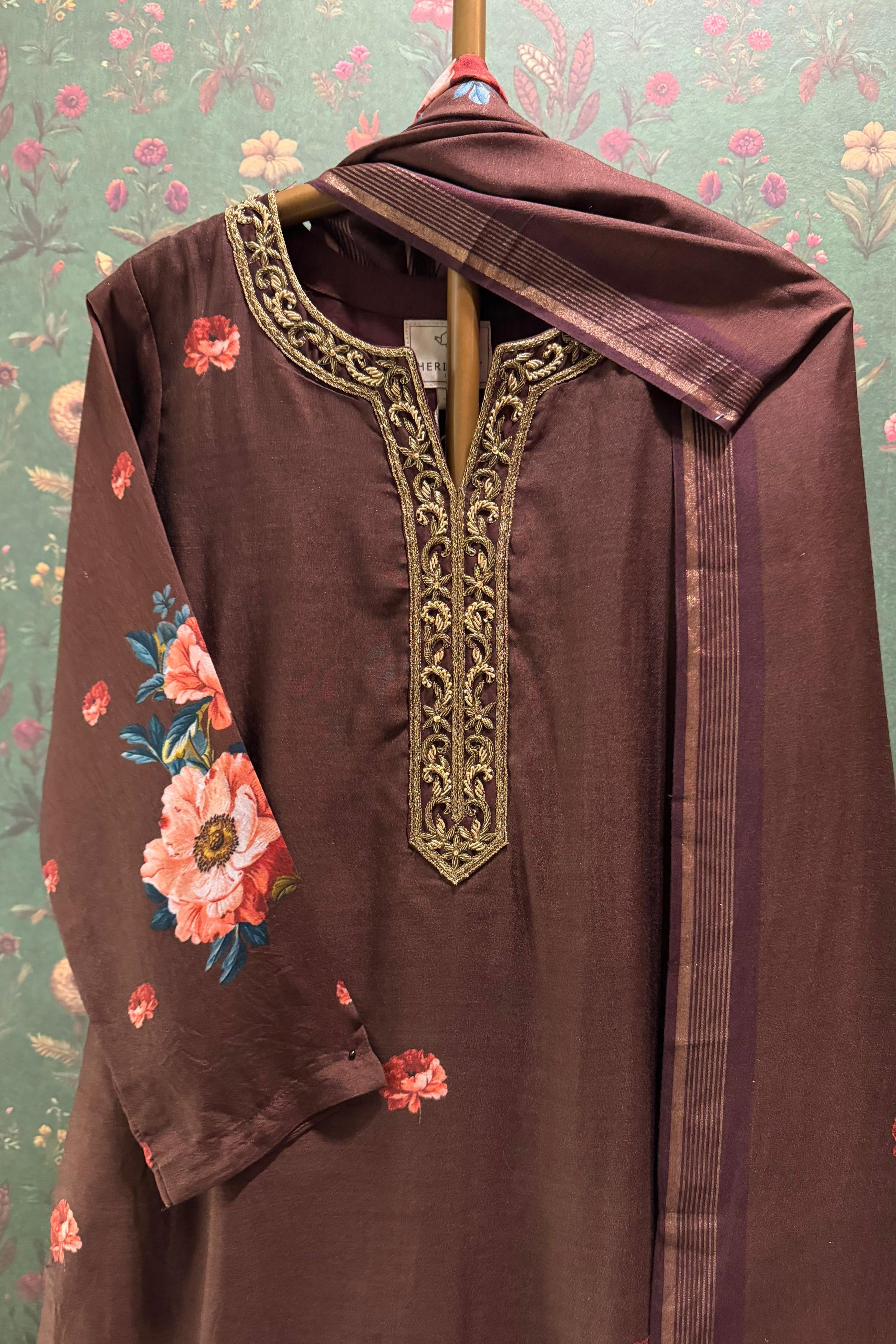 Noorbagh Deep Cocoa Brown Chanderi Suit Set x Noorin Sha | HER-603