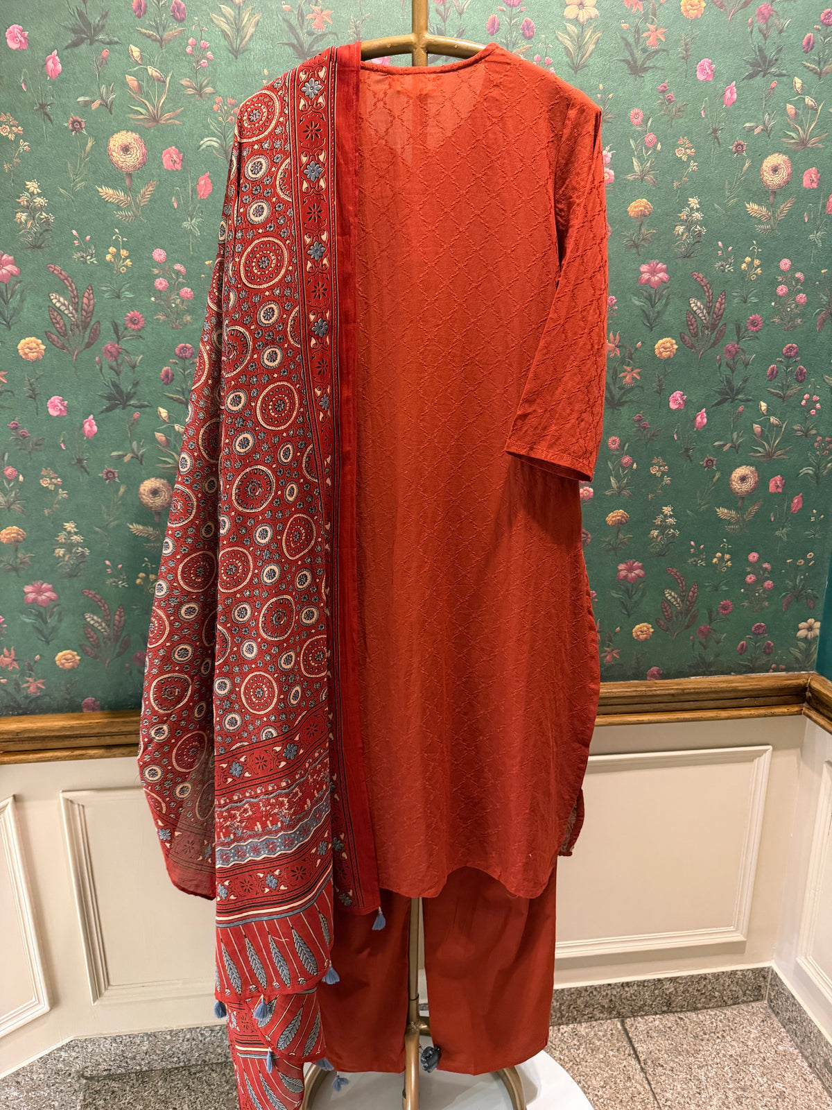 Rust Orange Embroidered Pure Cotton Suit Set