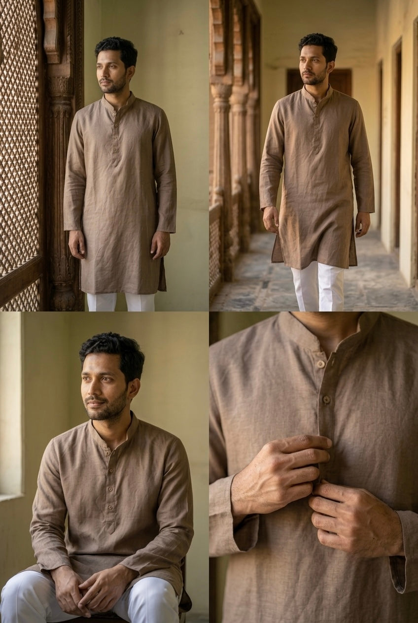 Men’s Pure Linen Kurta Pajama Set - Taupe Brown