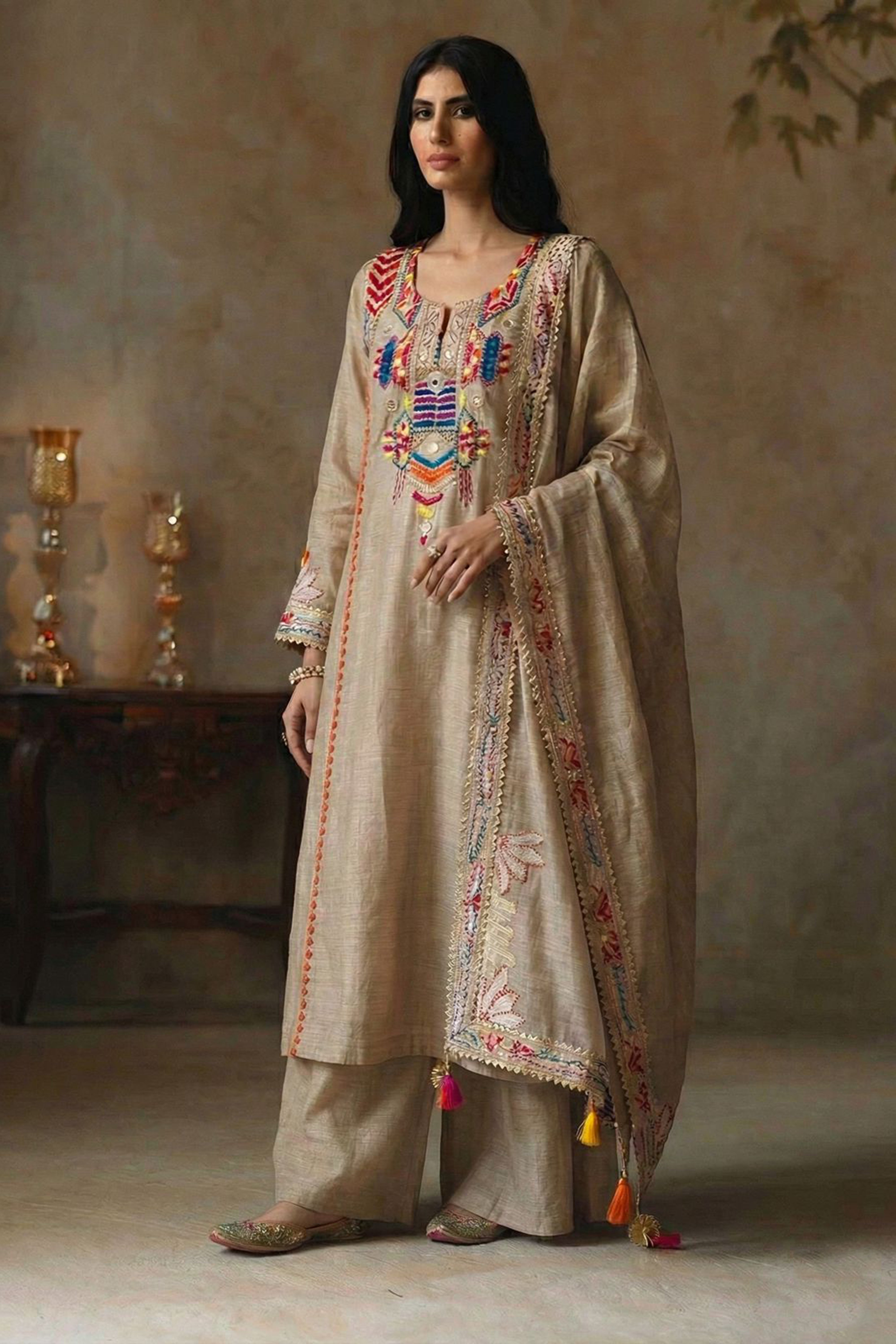 Noorani Multicolor A-Line Bamboo Silk Suit Set with Palazzo | HER-447