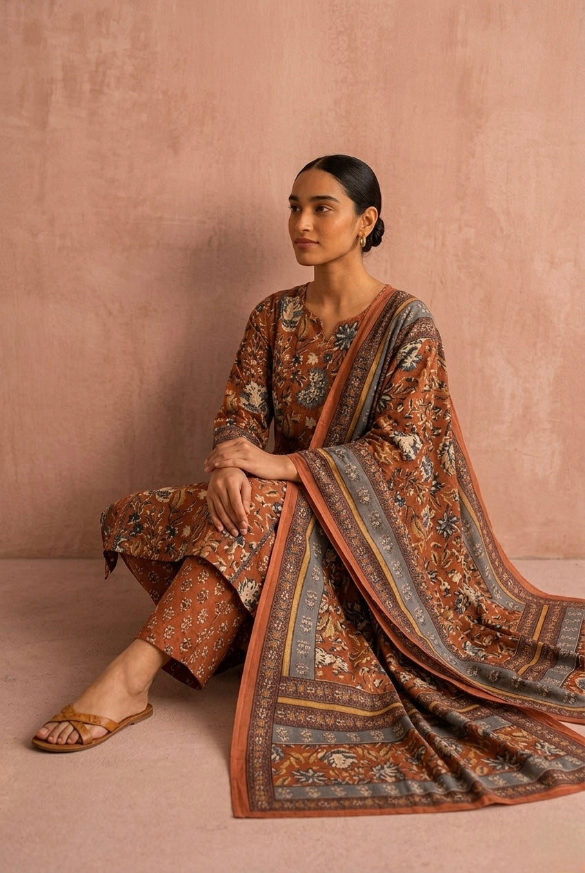Burnt Saffron Orange Printed A-Line Cotton Suit Set | HER-713