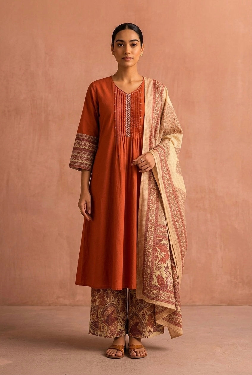 Rust Orange A-Line Cotton Suit Set | HER-693