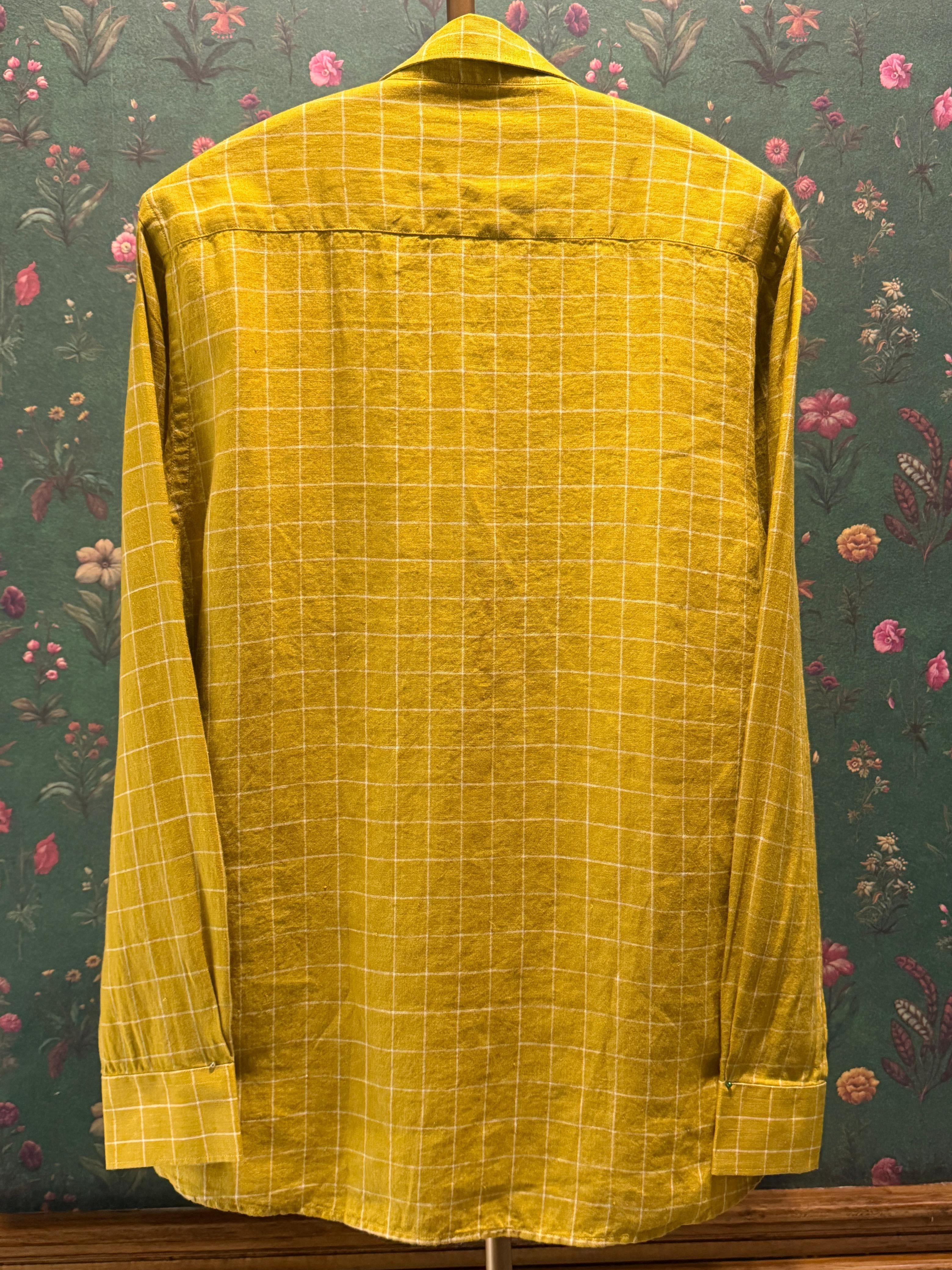 Mustard Yellow Check Men’s Pure Linen Full Sleeves Shirt