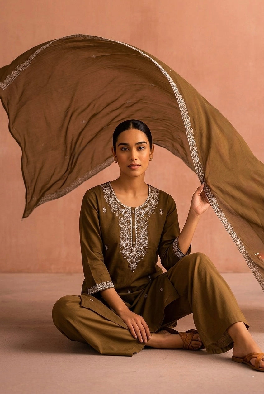 Cocoa Brown Embroidered Cotton Suit Set | HER-686