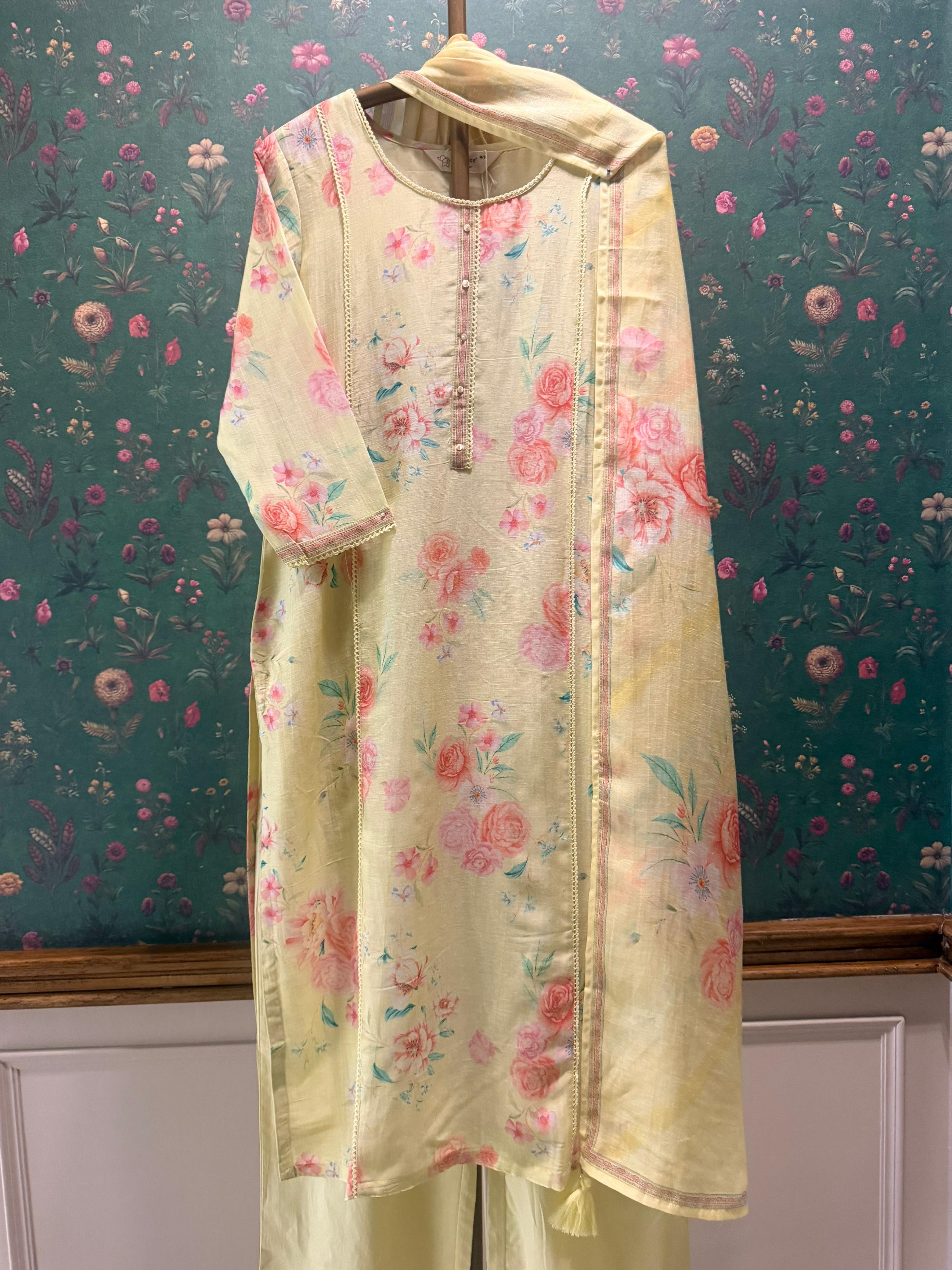 Pastel Yellow Floral Printed Cotton Linen Suit Set | HER-773