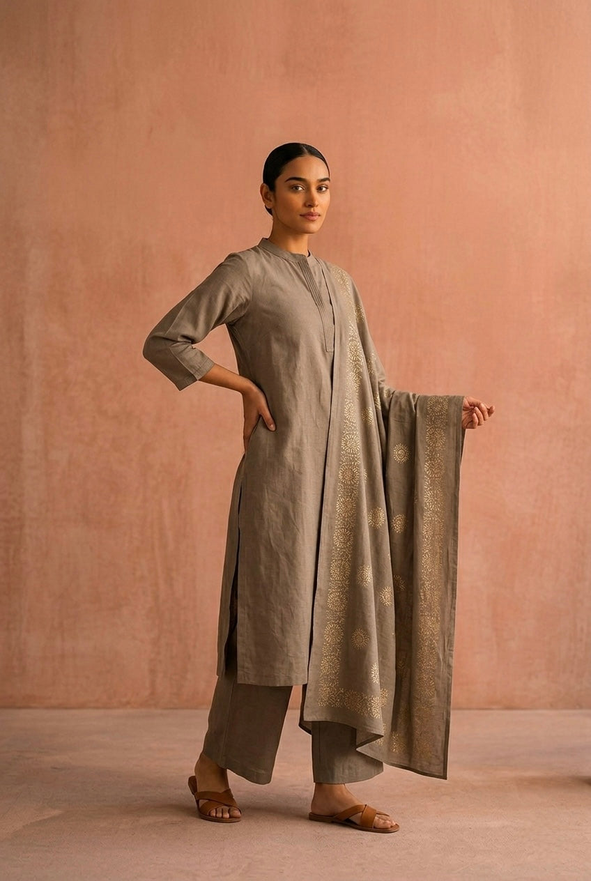 Taupe Minimal Cotton Suit Set | HER-704