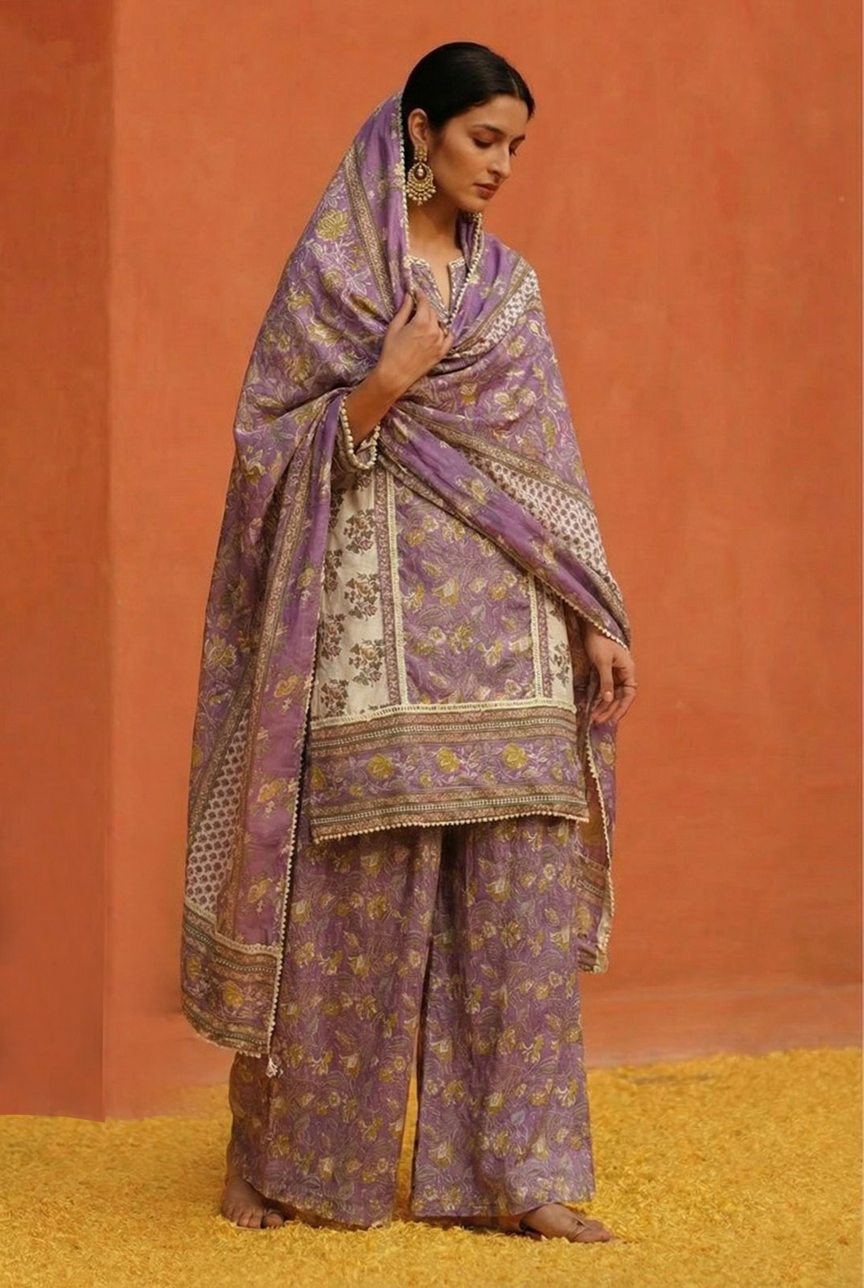 Cream Straight fit Cotton Suit Set