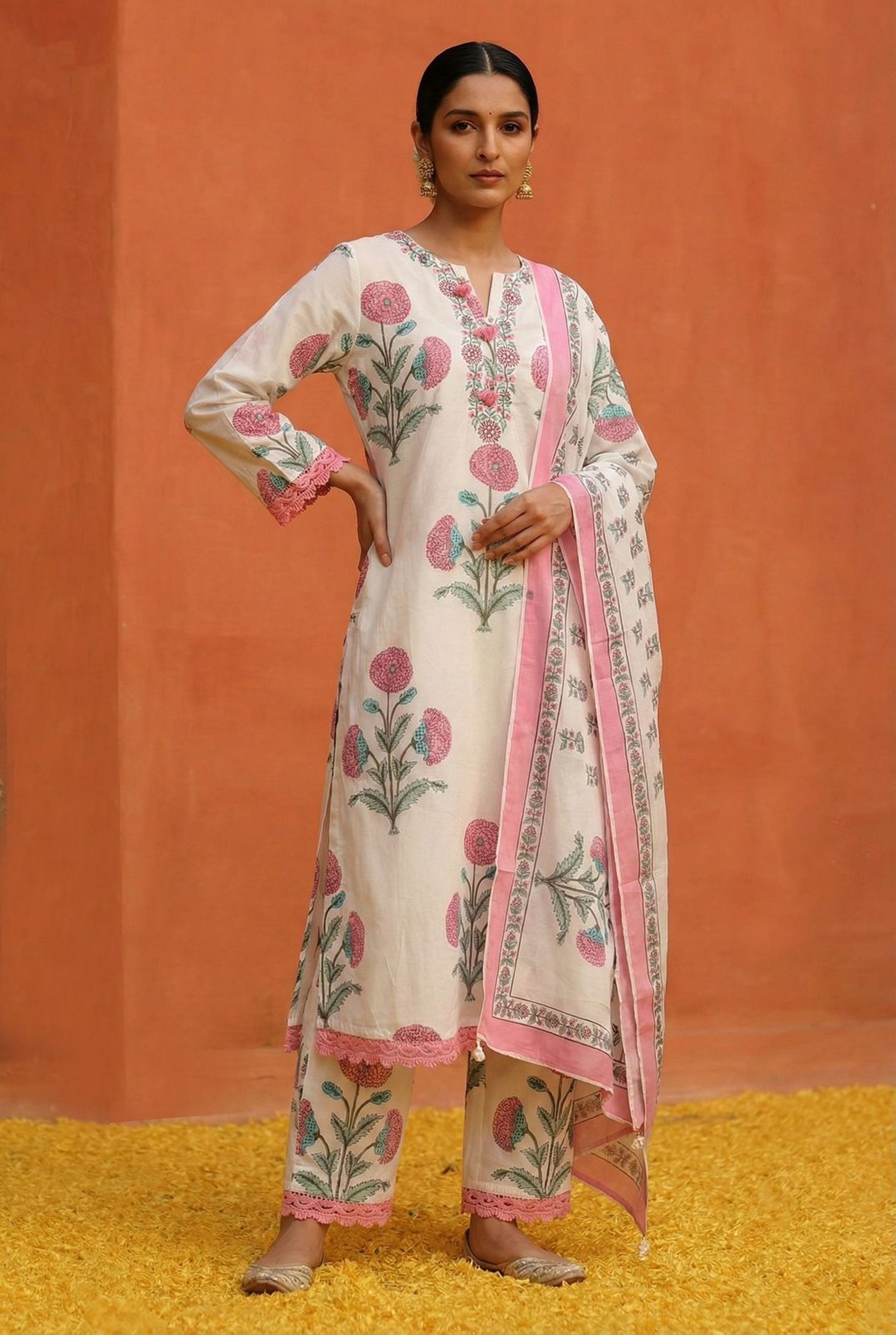 Pink Floral Cotton Suit Set | HER-497