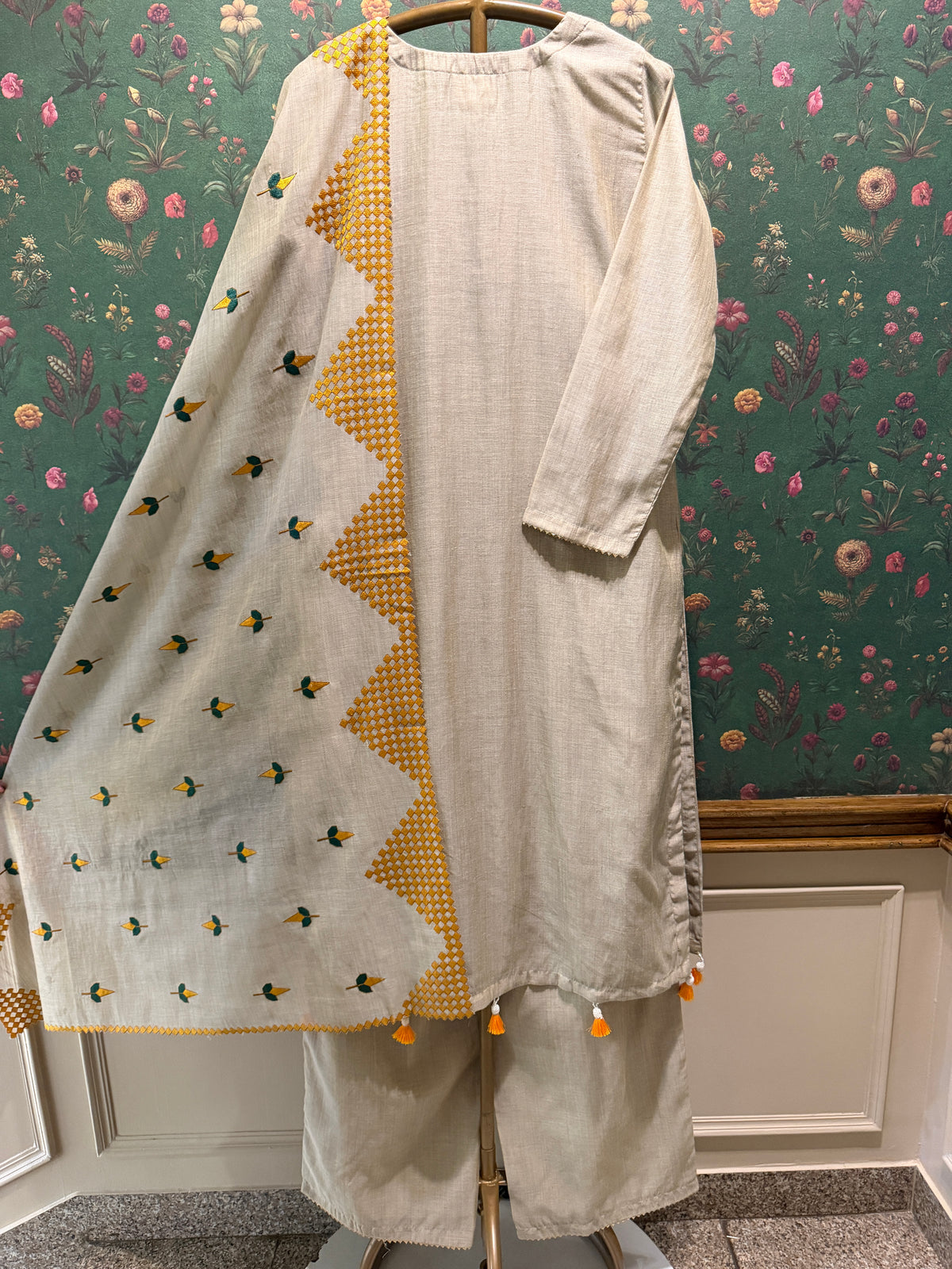 Ivory Beige and Mustard Yellow Embroidered Pure Chanderi Suit Set