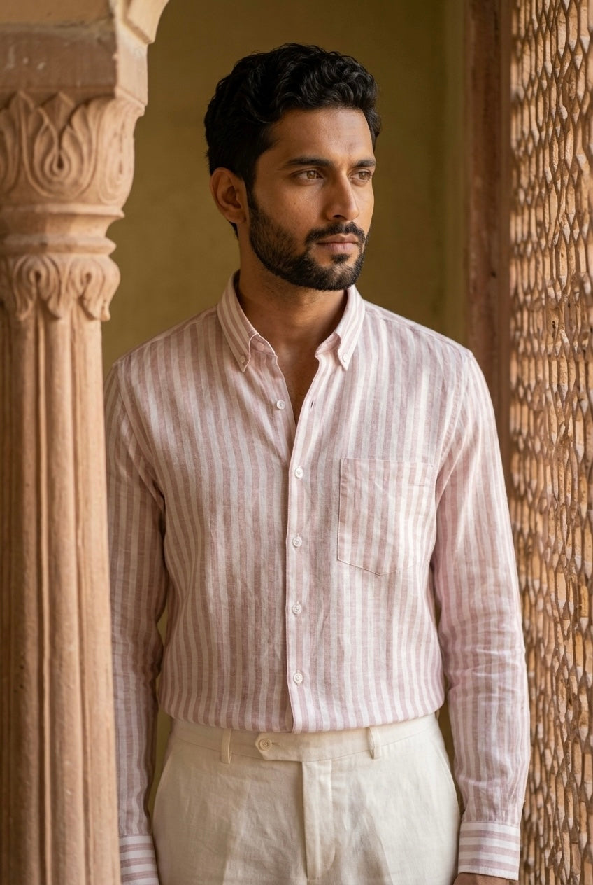 Men’s Blush Pink & White Striped Pure Linen Full Sleeves Shirt