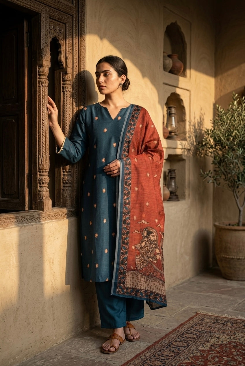 Teal Blue Madhubani Cotton Suit Set | HER-642