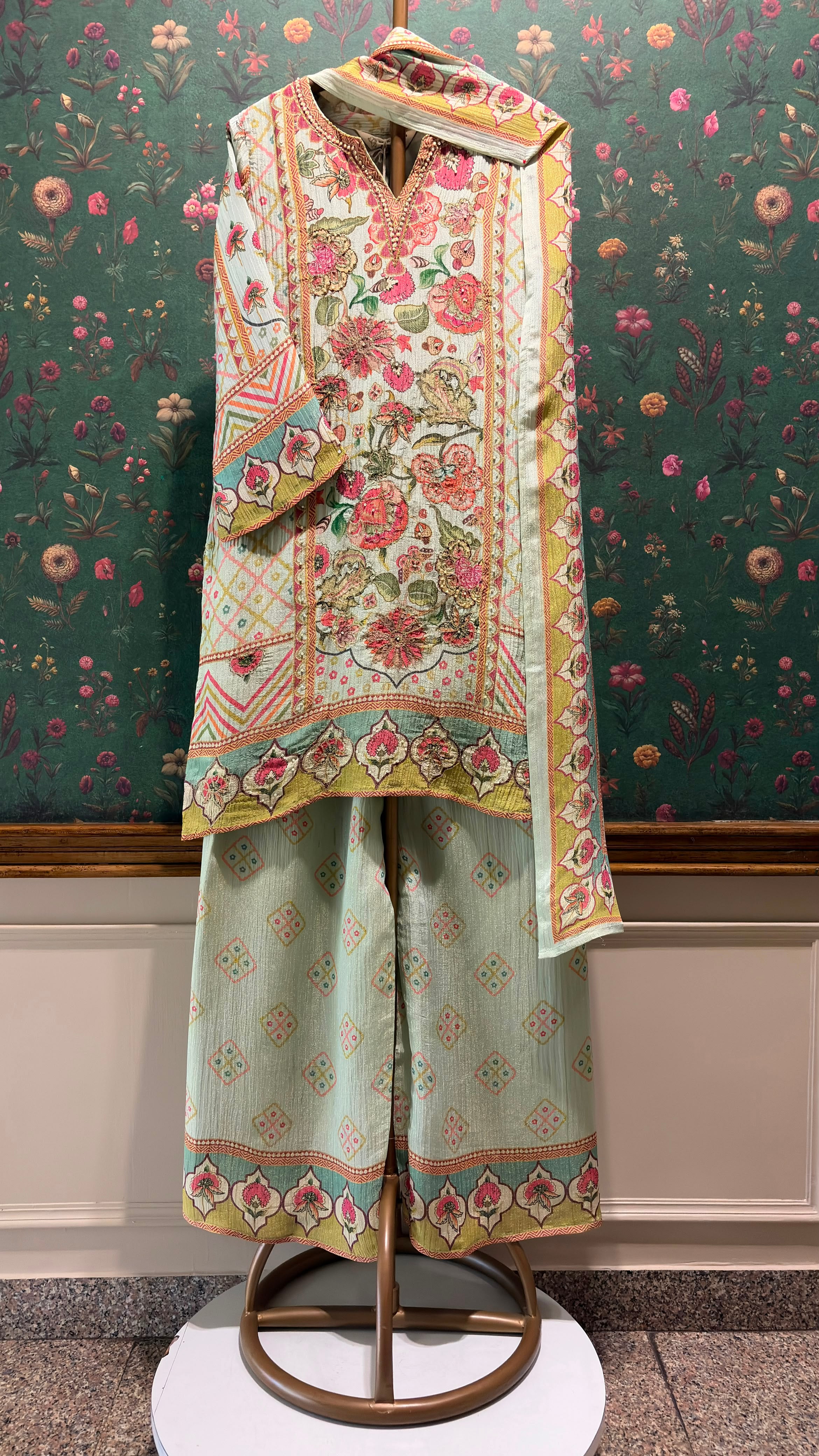Pastel Green Crushed Tissue Floral Suit Set