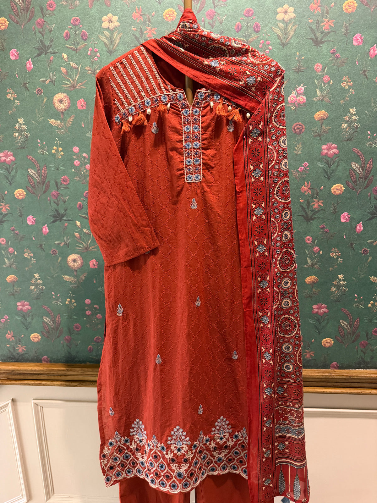 Rust Orange Embroidered Pure Cotton Suit Set