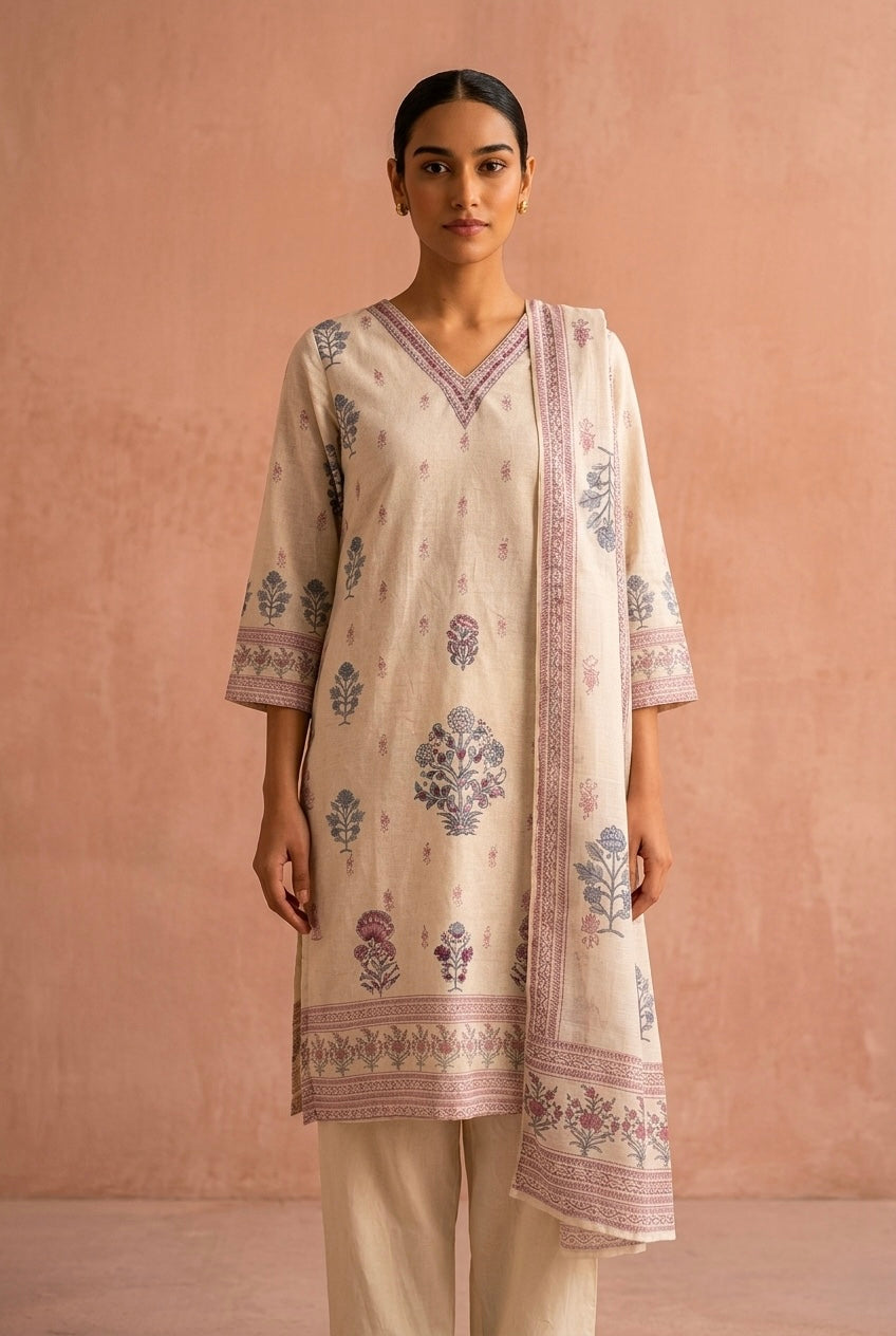 Ivory Vintage Floral Cotton Suit Set | HER-669