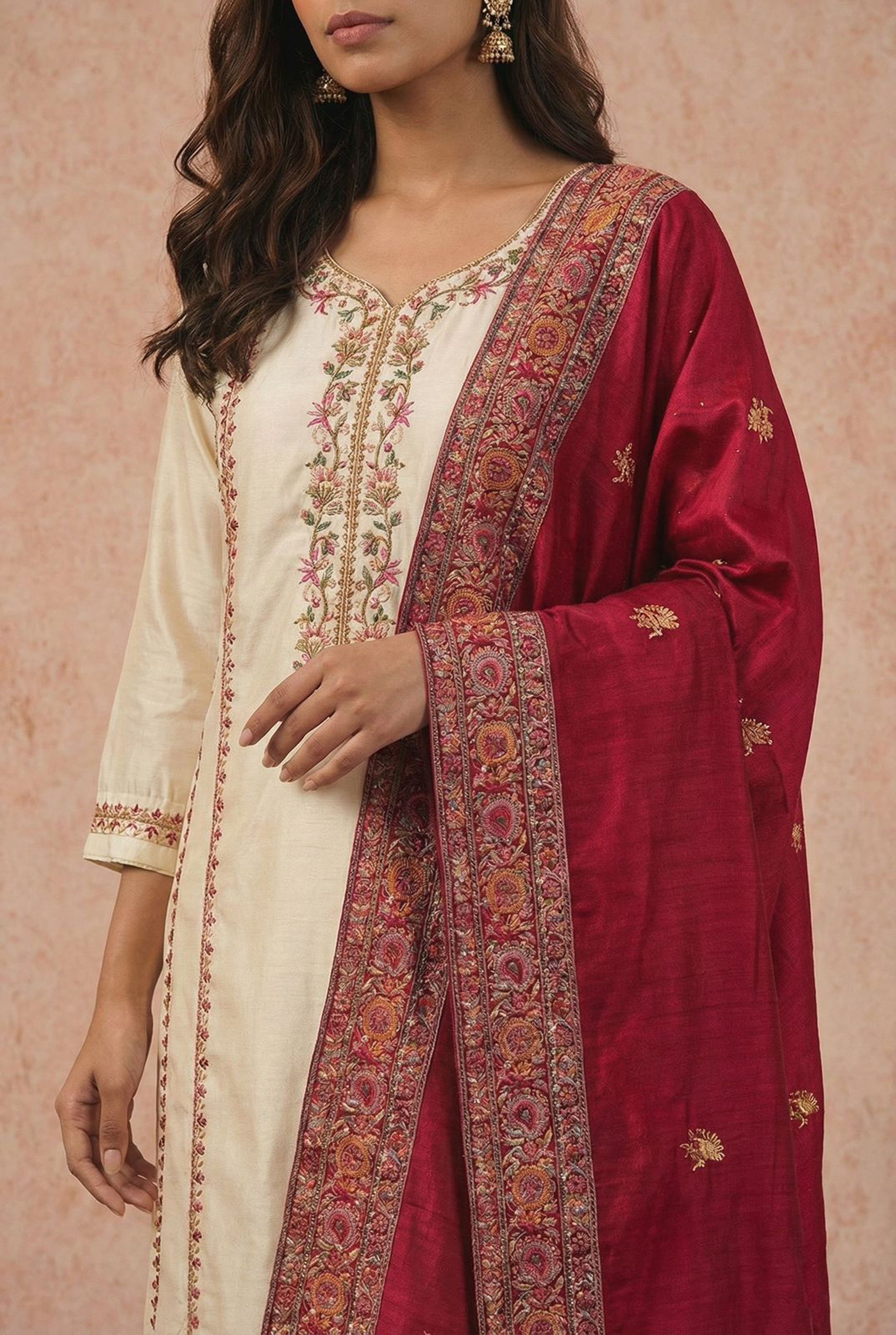 Arzoo Ivory Chanderi Embroidered Suit Set with Magenta Pink Banarasi Dupatta | HER-550