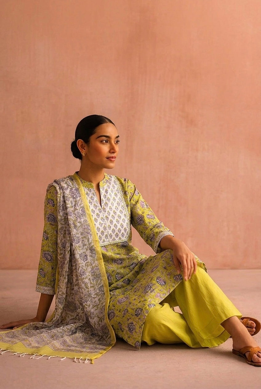 Lime Yellow Floral Printed Suit Set, with Kota Doria Dupatta | HER-752