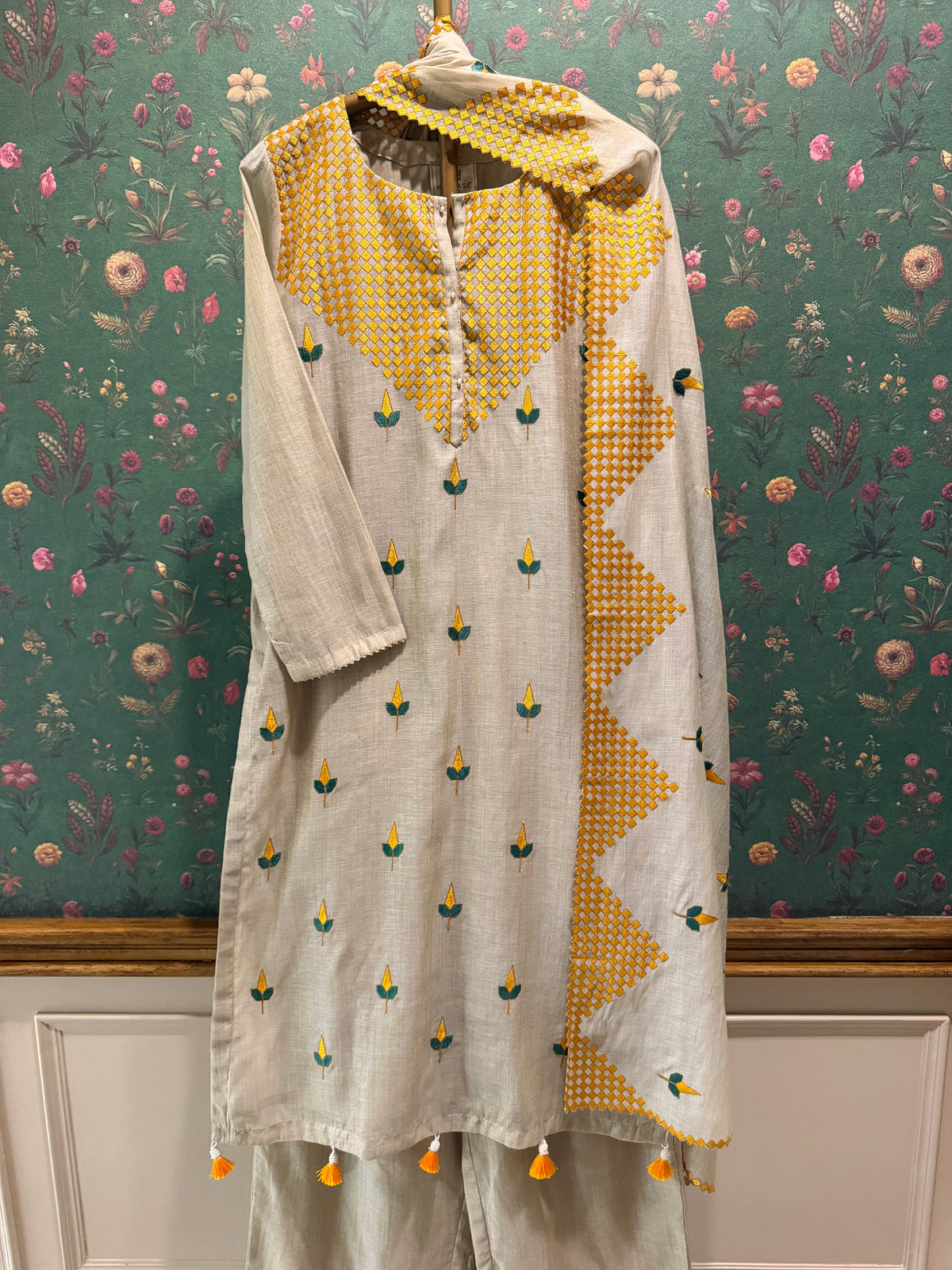 Ivory Beige and Mustard Yellow Embroidered Pure Chanderi Suit Set