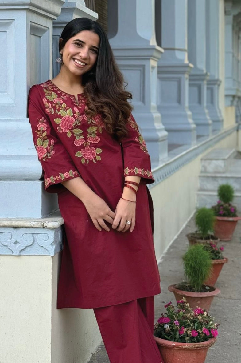 Berry Red Embroidered Kurta Set | HER-721