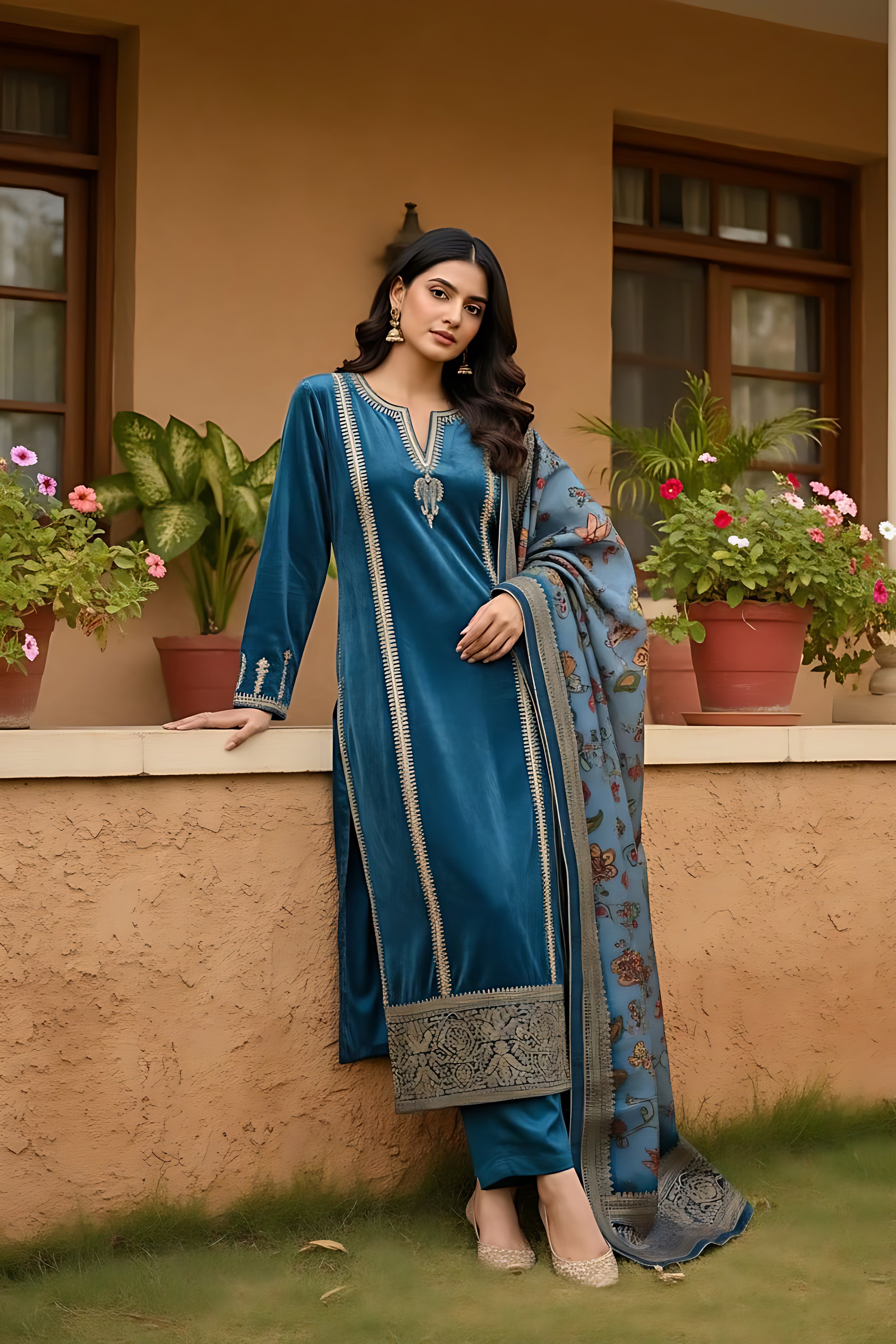 Teal Blue Velvet Suit Set | HER-441