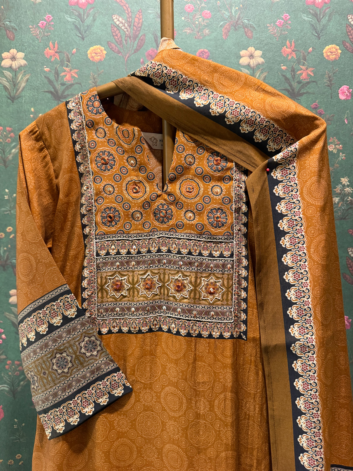 Mustard Brown Printed Muslin Suit Set