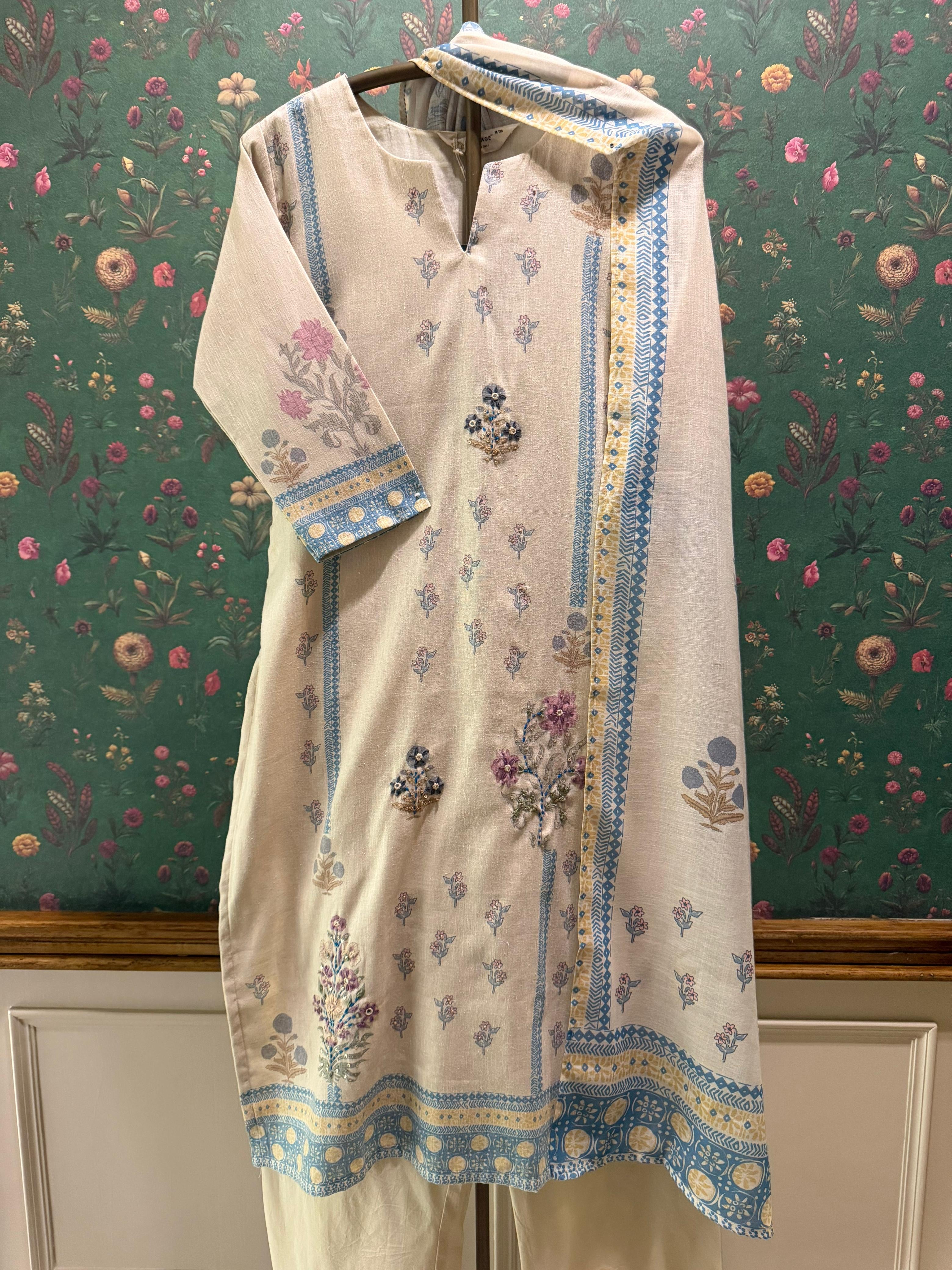 Beige Floral Embroidered Cotton Linen Suit Set | HER-668