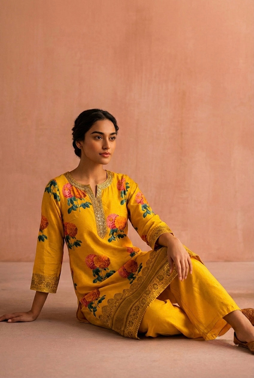 Yellow Floral Chanderi Suit Set | HER-608