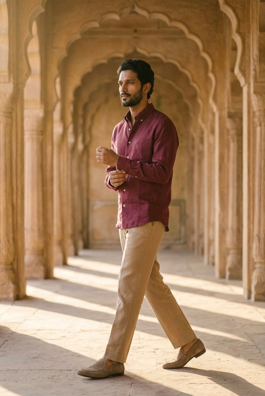 Men’s Wine Pure Linen Full Sleeves Shirt