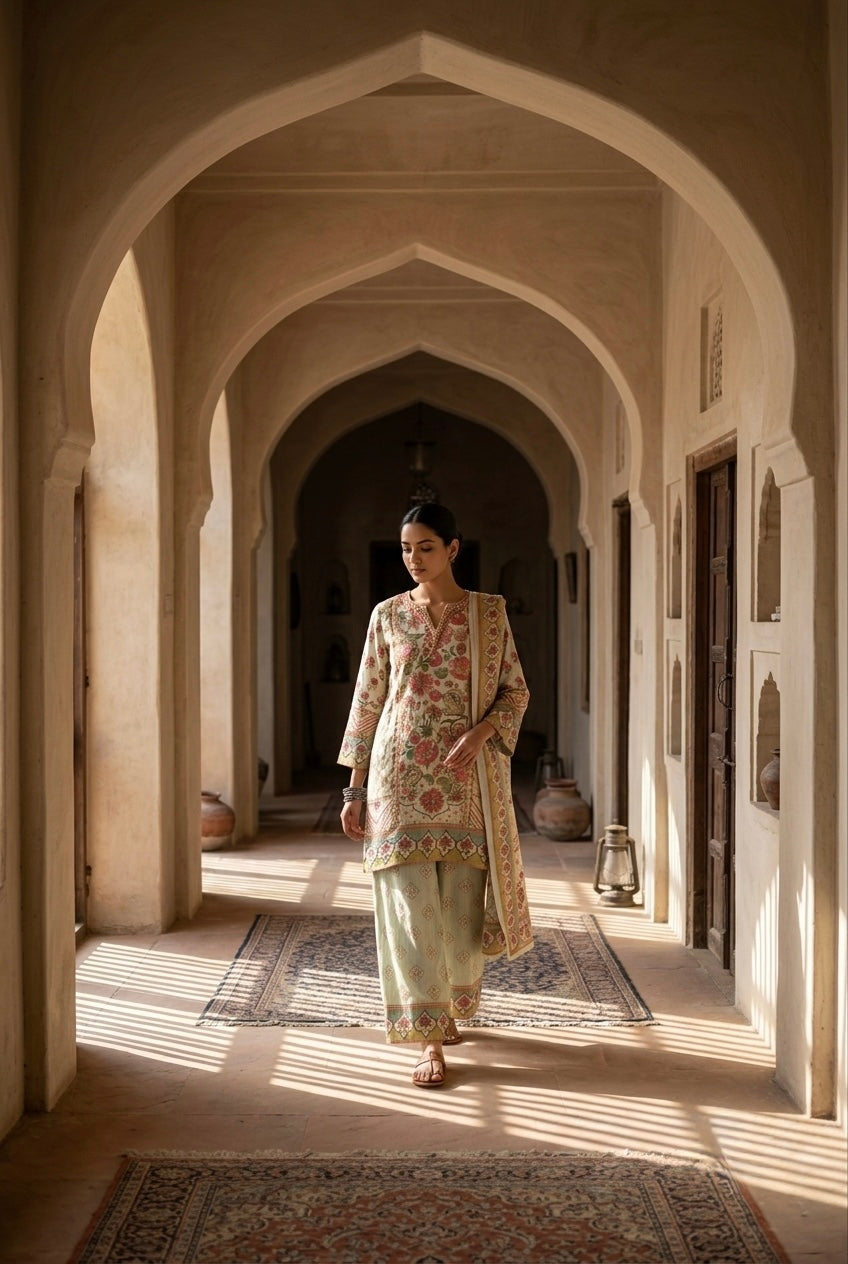 Pastel Green Crushed Tissue Floral Suit Set