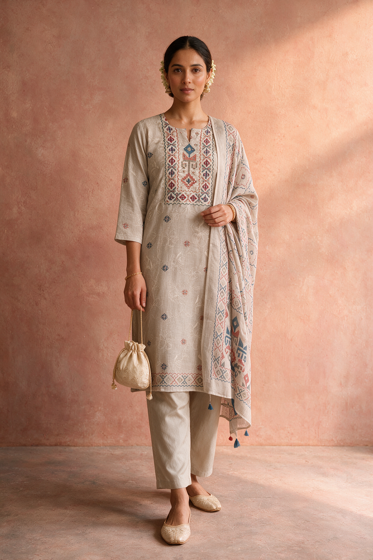 Warm Ivory Linen Embroidered Suit Set